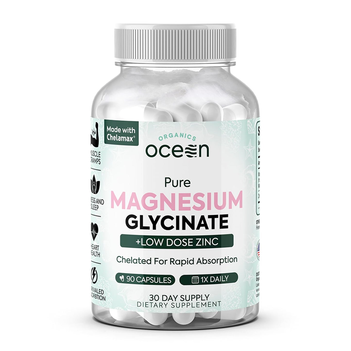 Organics Ocean Pure Magnesium Glycinate with Zinc - Maximum Strength Chelated Magnesium Supplement for Women and Men for Muscle Cramps and Sleep Support - 90 Capsule - Maple Wellness Supplements