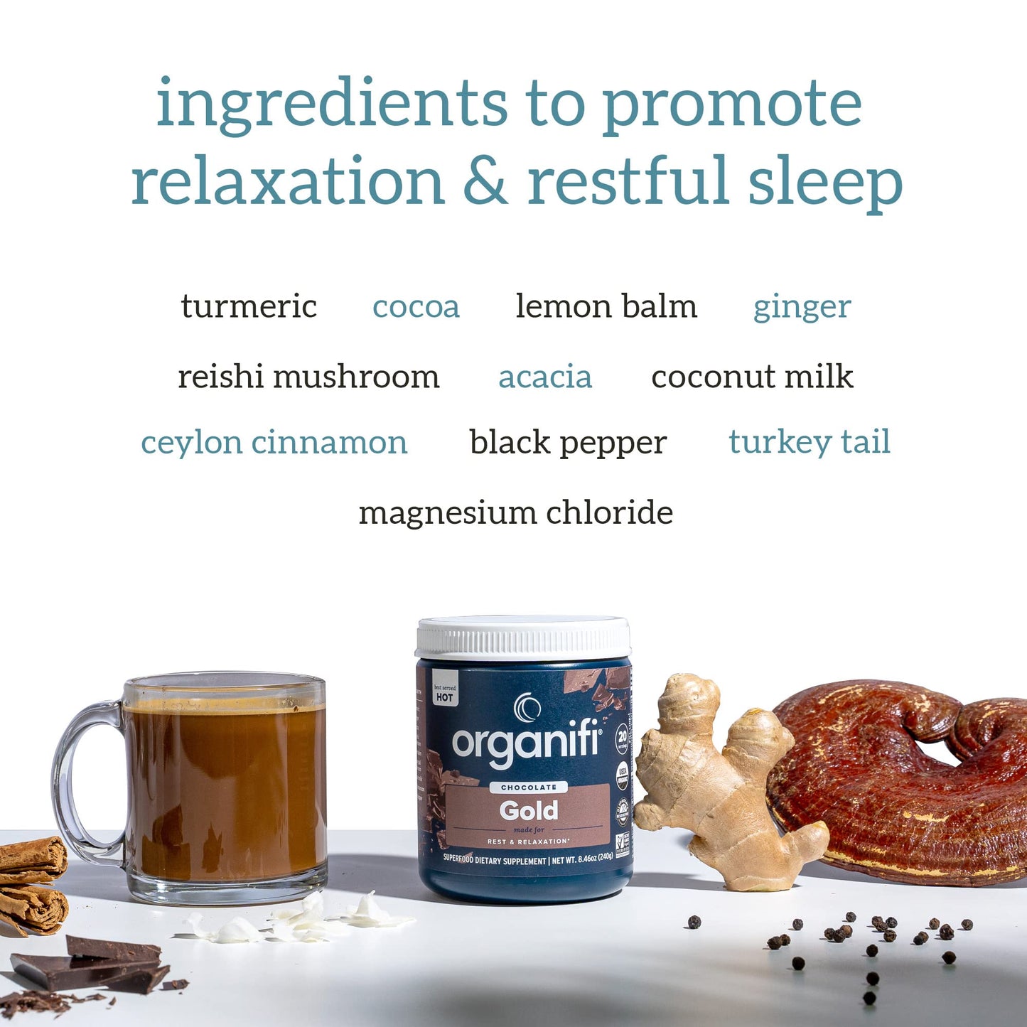 Organifi - Gold Chocolate - Superfood Supplement Powder - 20 Day Supply - Supports Rest - Maple Wellness Supplements