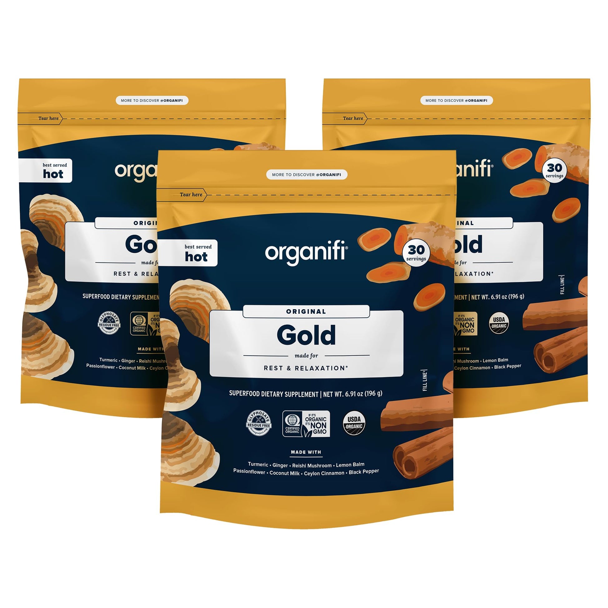 Organifi: Gold - Superfood Supplement Powder- 90 Servings (3 Pack) - Stress Support - Maple Wellness Supplements