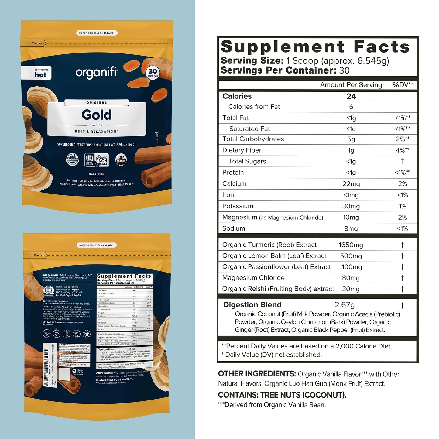 Organifi: Gold - Superfood Supplement Powder- 90 Servings (3 Pack) - Stress Support - Maple Wellness Supplements
