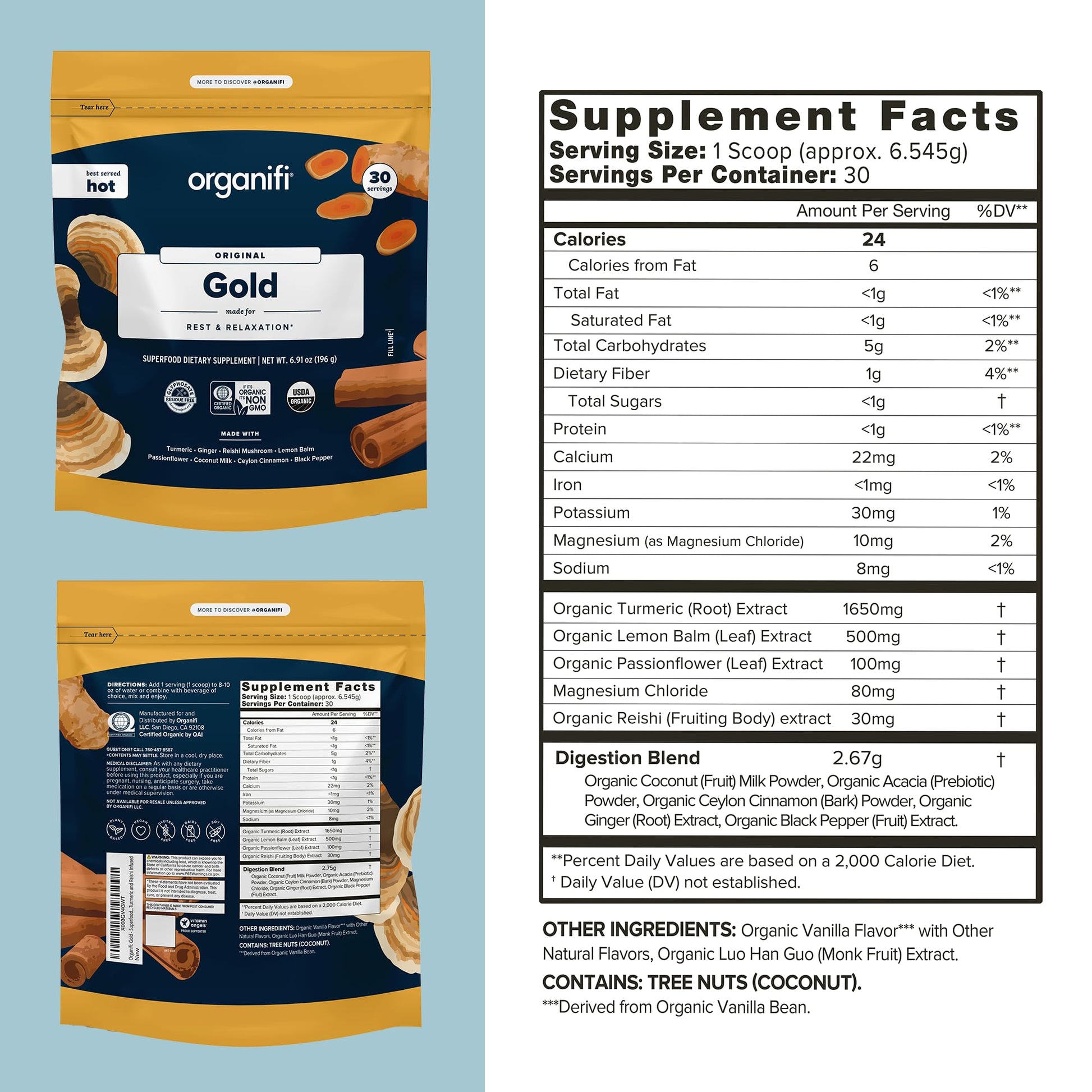 Organifi: Gold - Superfood Supplement Powder- 90 Servings (3 Pack) - Stress Support - Maple Wellness Supplements