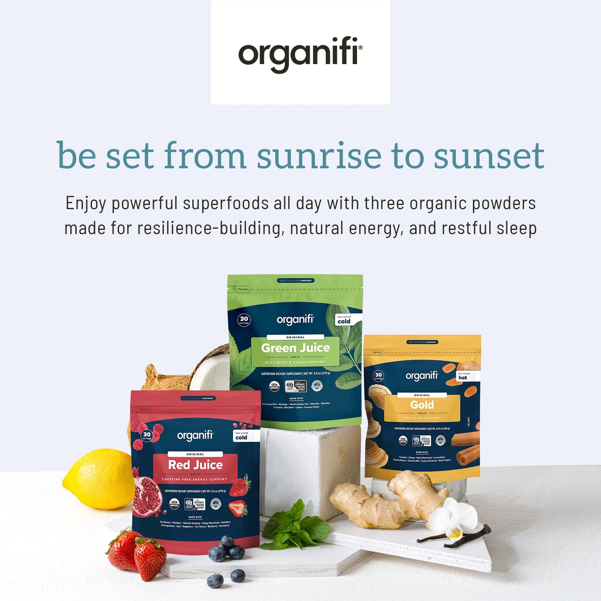 Organifi Sunrise to Sunset Power Box (9.5 Oz. Each) - Organic Superfood Powder - Maple Wellness Supplements