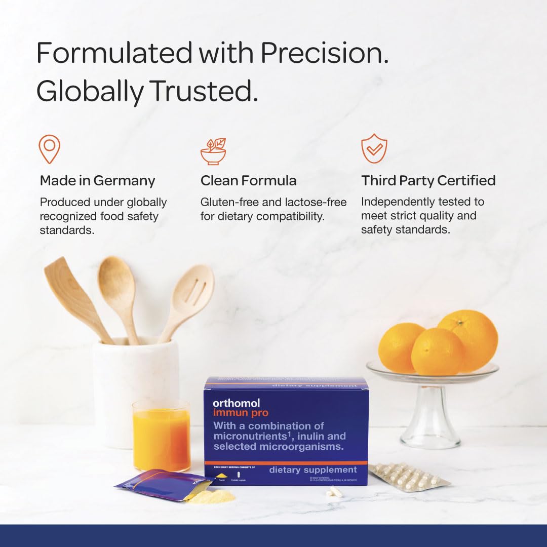 Orthomol Immun Pro, Immune Support & Gut Health Powder & Capsules for Adults with Probiotics, Prebiotics, Fiber, Vitamin C, Zinc, Selenium, Iodine, Vitamin D, E, A,B, Calcium (30 Day Supply) - Maple Wellness Supplements