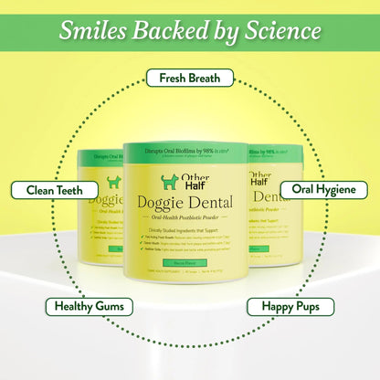 OTHER HALF Doggie Dental Supplement Powder - Dog Breath Freshener & Teeth Cleaning Made Easy - Oral Health Postbiotic for Dogs - Targets Tartar, Plaque & Bad Breath | 45 Scoops, Bacon Flavor - Maple Wellness Supplements