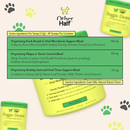 OTHER HALF Doggie Dental Supplement Powder - Dog Breath Freshener & Teeth Cleaning Made Easy - Oral Health Postbiotic for Dogs - Targets Tartar, Plaque & Bad Breath | 45 Scoops, Bacon Flavor - Maple Wellness Supplements