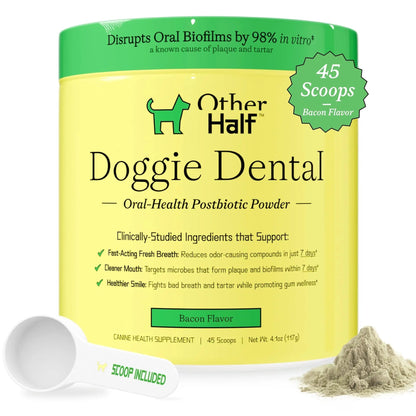 OTHER HALF Doggie Dental Supplement Powder - Dog Breath Freshener & Teeth Cleaning Made Easy - Oral Health Postbiotic for Dogs - Targets Tartar, Plaque & Bad Breath | 45 Scoops, Bacon Flavor - Maple Wellness Supplements