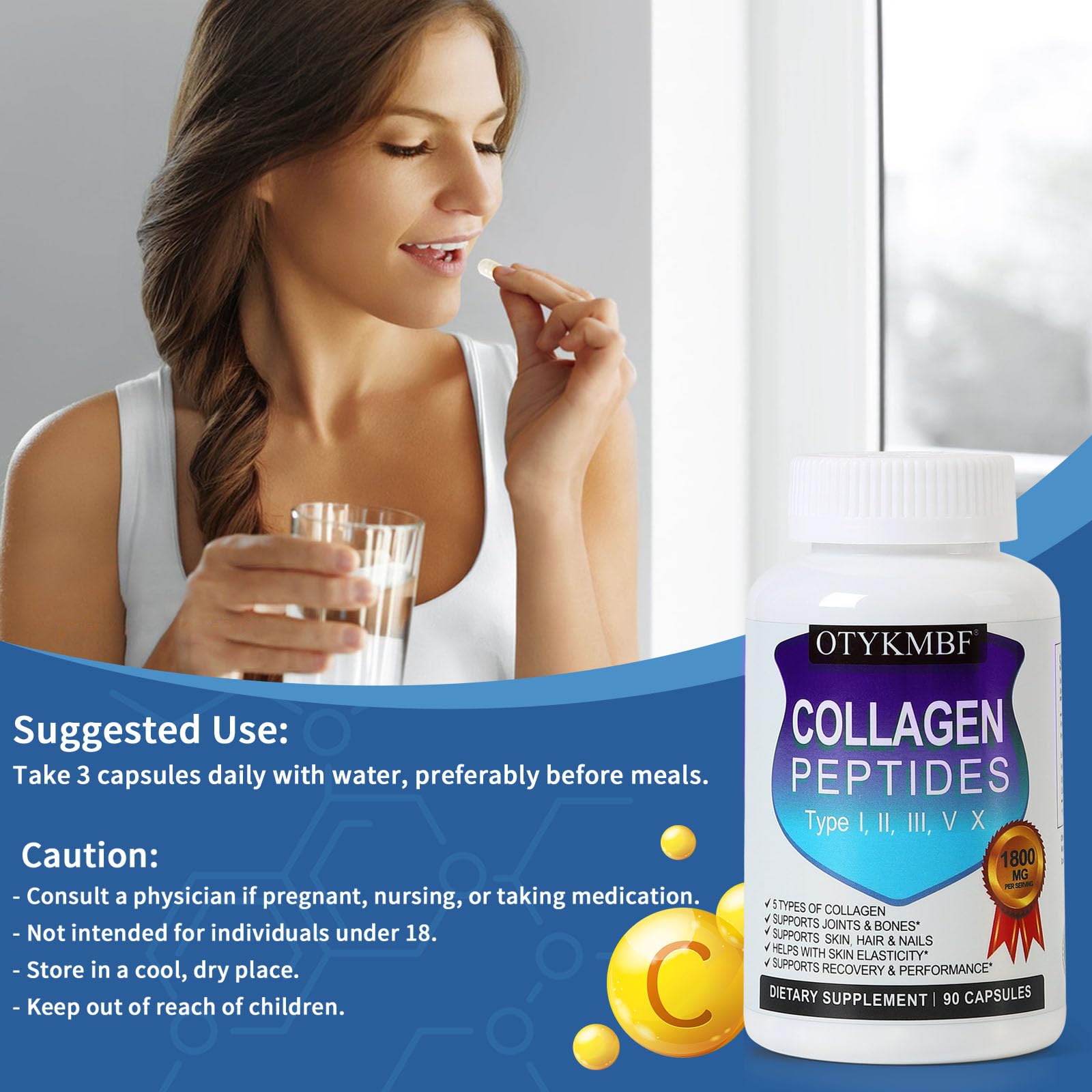 OTYKMBF Multi Collagen Peptides Pills 1800mg, Type I, II, III, V, X - Hydrolyzed Premium Collagen Complex Supports Skin, Joints, Hair & Nails, Hydrolyzed Protein for Women Men, 90 Capsules - Maple Wellness Supplements