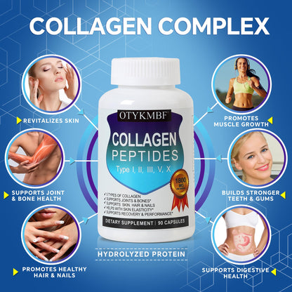 OTYKMBF Multi Collagen Peptides Pills 1800mg, Type I, II, III, V, X - Hydrolyzed Premium Collagen Complex Supports Skin, Joints, Hair & Nails, Hydrolyzed Protein for Women Men, 90 Capsules - Maple Wellness Supplements