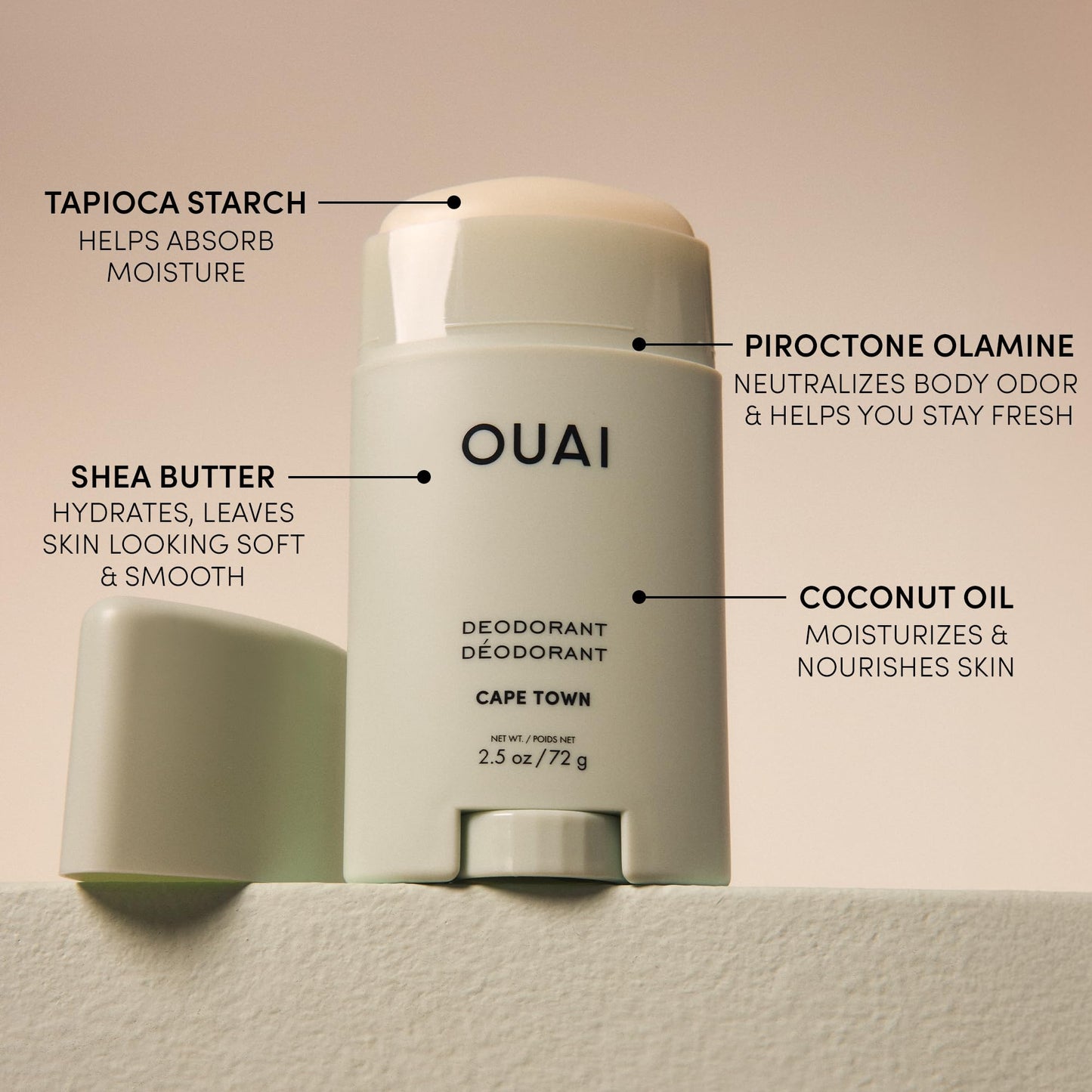 OUAI Aluminum Free Deodorant - Women's Deodorant with 24-Hour Odor Control & Invisible Application - Enriched with Notes of Wet Grass, Ginger, Basil & Green Fig - Cape Town (2.5 oz) - Maple Wellness Supplements