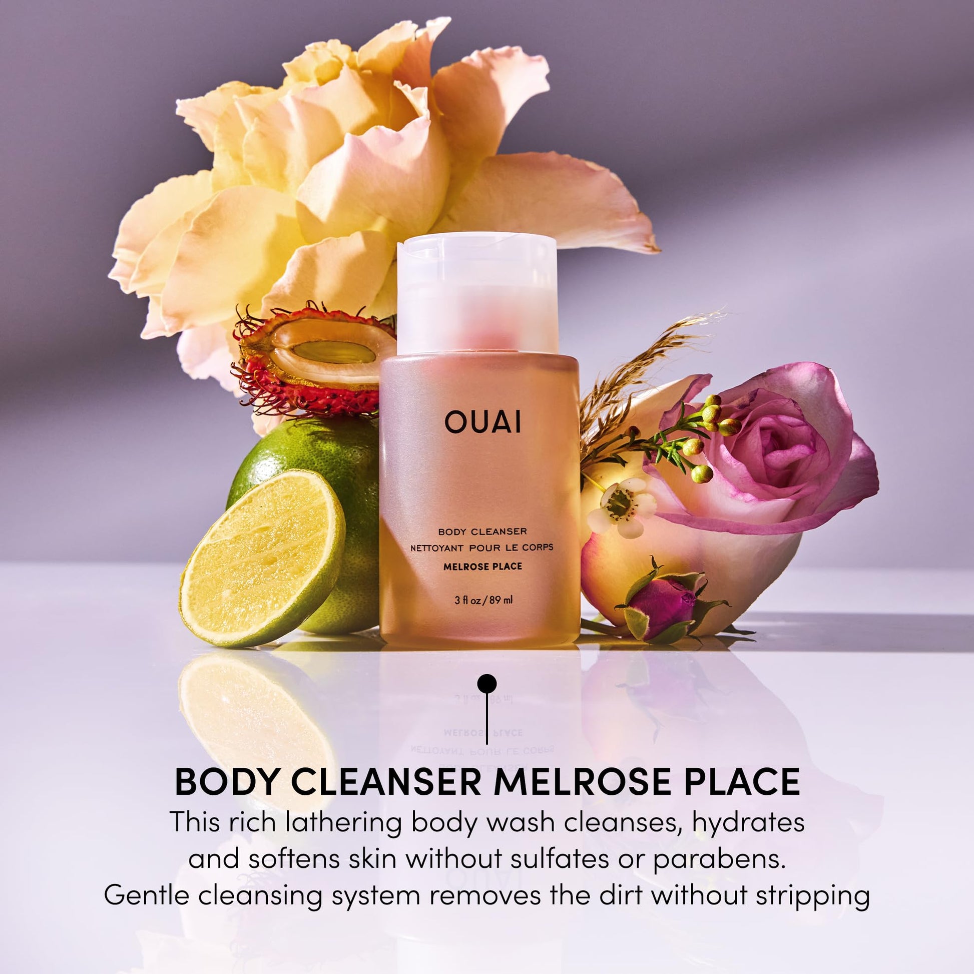 OUAI Body Cleanser Travel Size, Melrose Place - Foaming Body Wash with Jojoba Oil & Rosehip Oil to Hydrate, Balance & Soften Skin - Paraben, Phthalate, Sulfate Free Skin Care Products (3 Fl Oz) - Maple Wellness Supplements