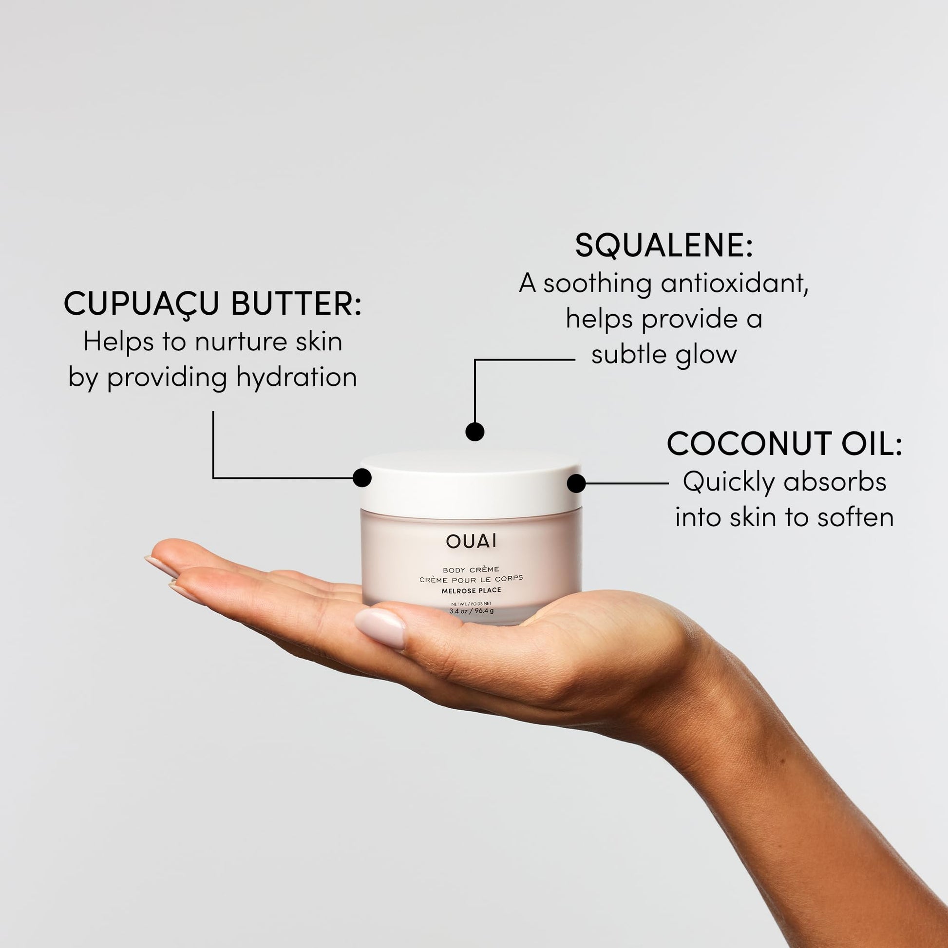 OUAI Body Cream Travel Size, Melrose Place - Hydrating Whipped Body Cream with Cupuaçu Butter, Coconut Oil & Squalane - Softens Skin and Delivers Healthy-Looking Glow - Sulfate Free Skin Care (3.4 Oz) - Maple Wellness Supplements