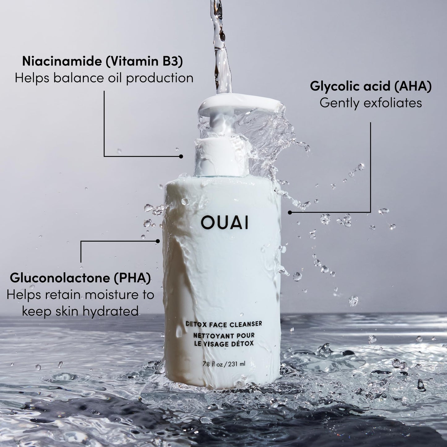 OUAI Detox Facial Cleanser - Deep Cleansing Face Wash with Glycolic Acid, Niacinamide & PHA - Removes Sweat, Dirt & Oil Without Drying - Gentle Face Cleanser for Post-Workout (7.8 Fl Oz) - Maple Wellness Supplements