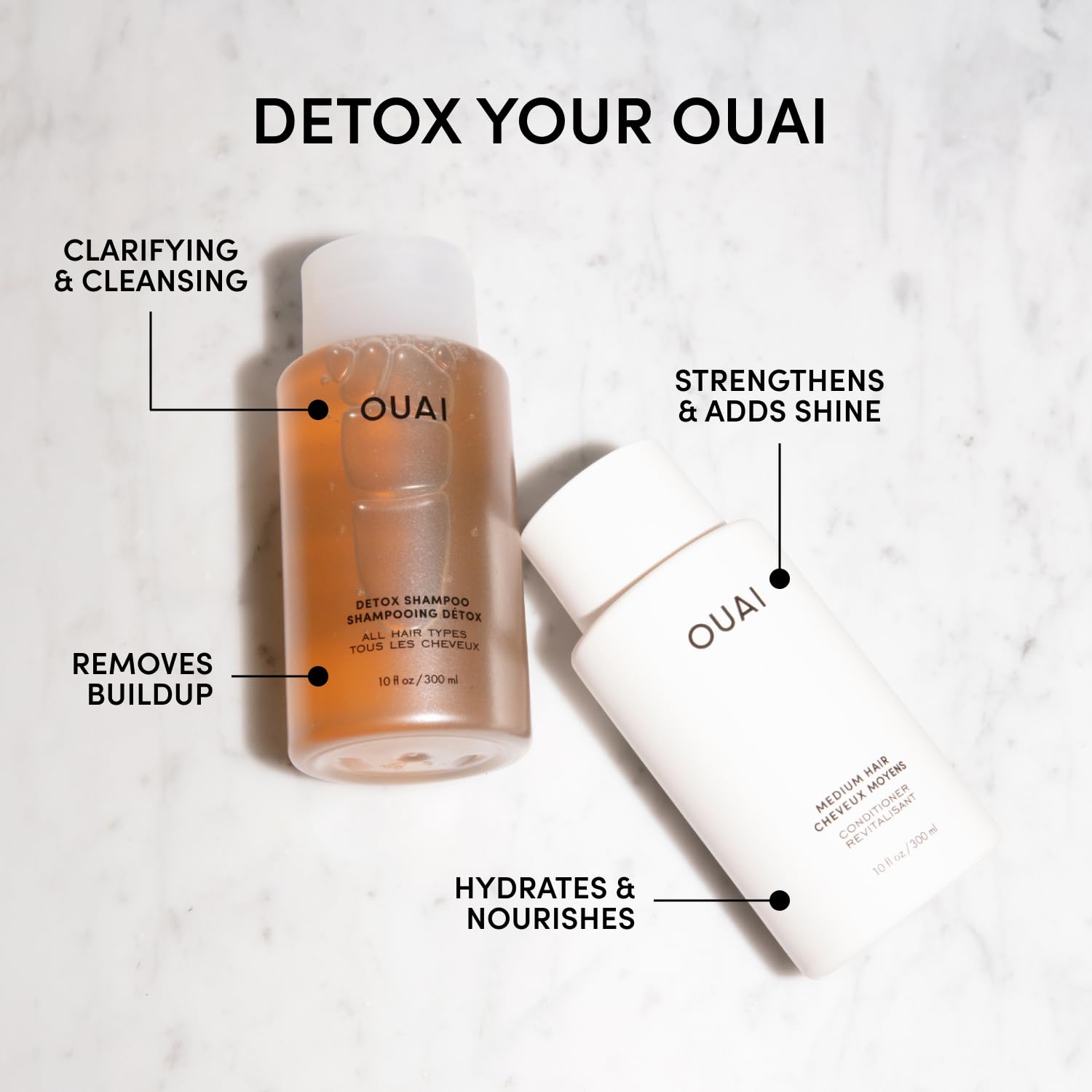OUAI Detox Shampoo & Medium Hair Conditioner Bundle - Clarifying Shampoo for Build Up, Dirt, Oil, Product and Hard Water & Hydrating Conditioner for Medium Hair (2 Count) - Maple Wellness Supplements