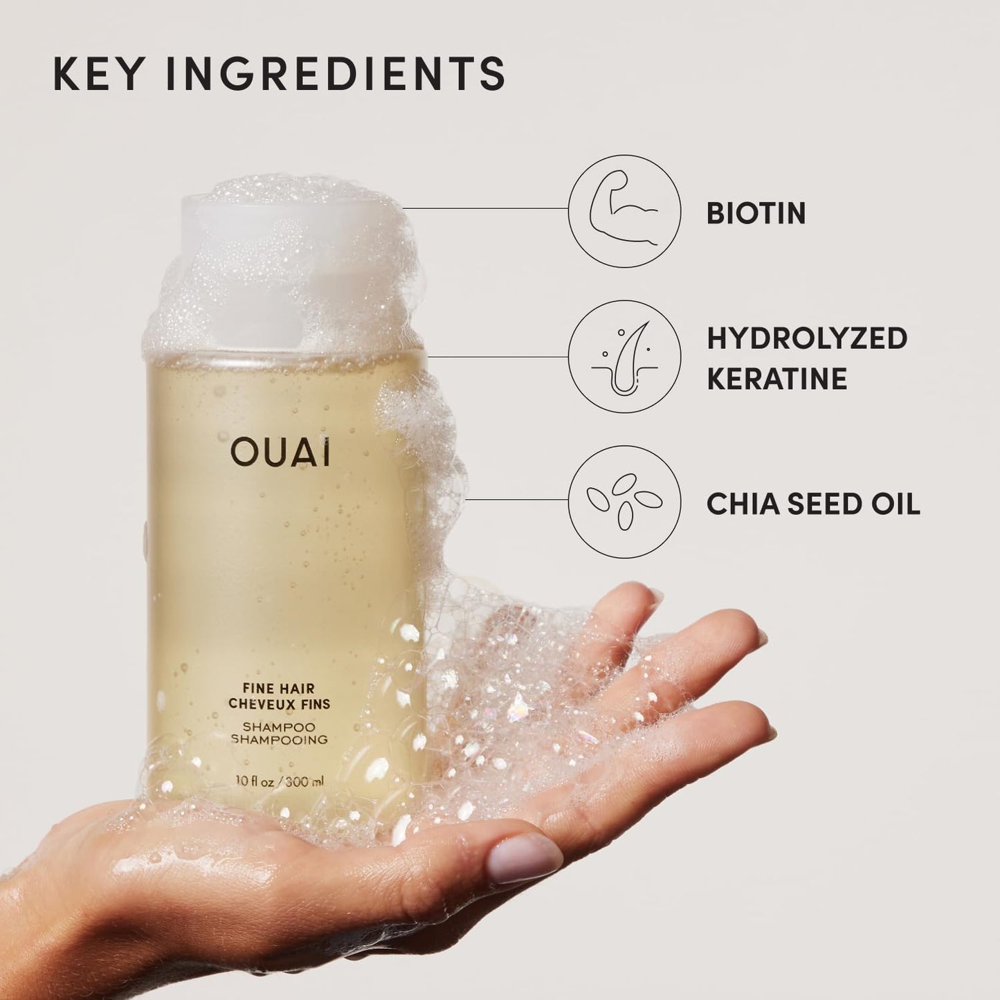 OUAI Fine Hair Shampoo - Volumizing Shampoo for Fine, Flat Strands - Made with Biotin, Keratin & Chia Seed Oil - Strengthens, Nourishes & Thickens - Color-Safe & Sulfate Free Hair Care (10 Fl oz) - Maple Wellness Supplements