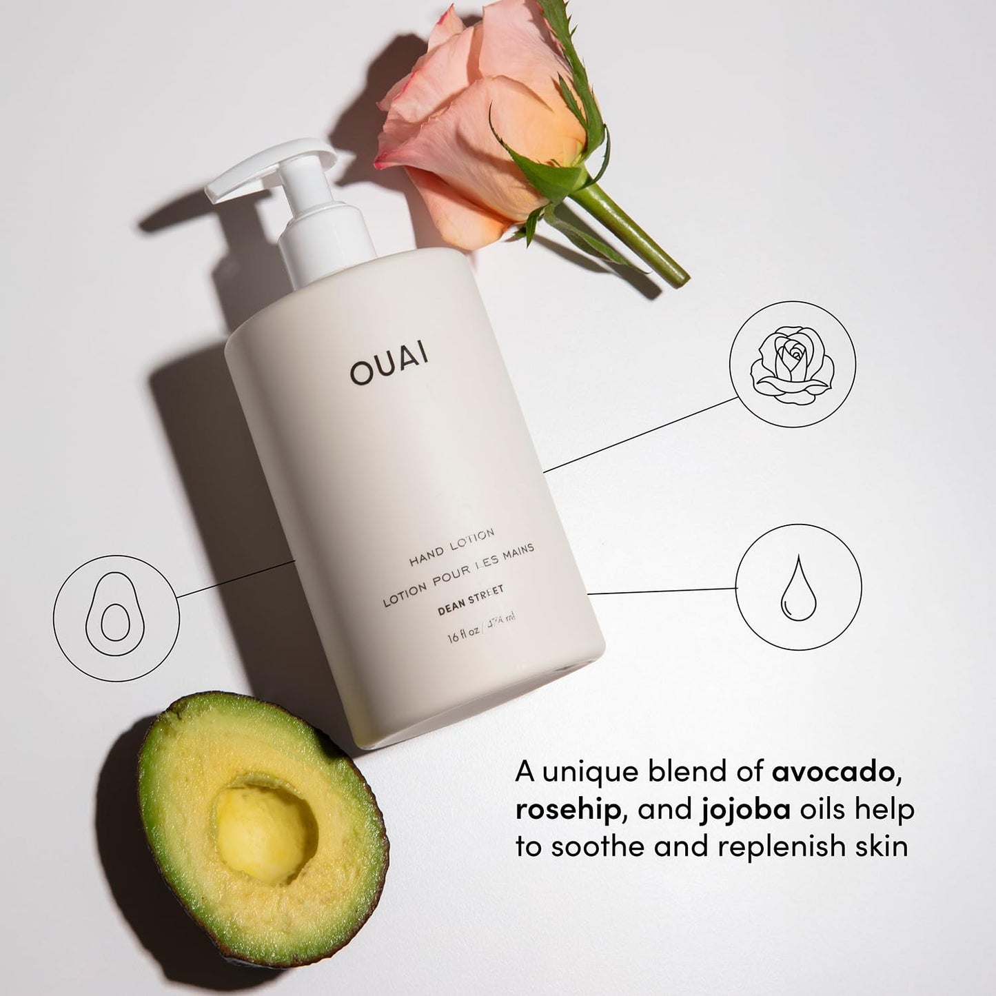 OUAI Hand Wash and Hand Lotion Set, Dean Street Scent - Moisturizes and Exfoliates with Daily Use - Made with Jojoba Esters, Avocado & Rosehip Oils (16 Fl Oz Each) - Maple Wellness Supplements