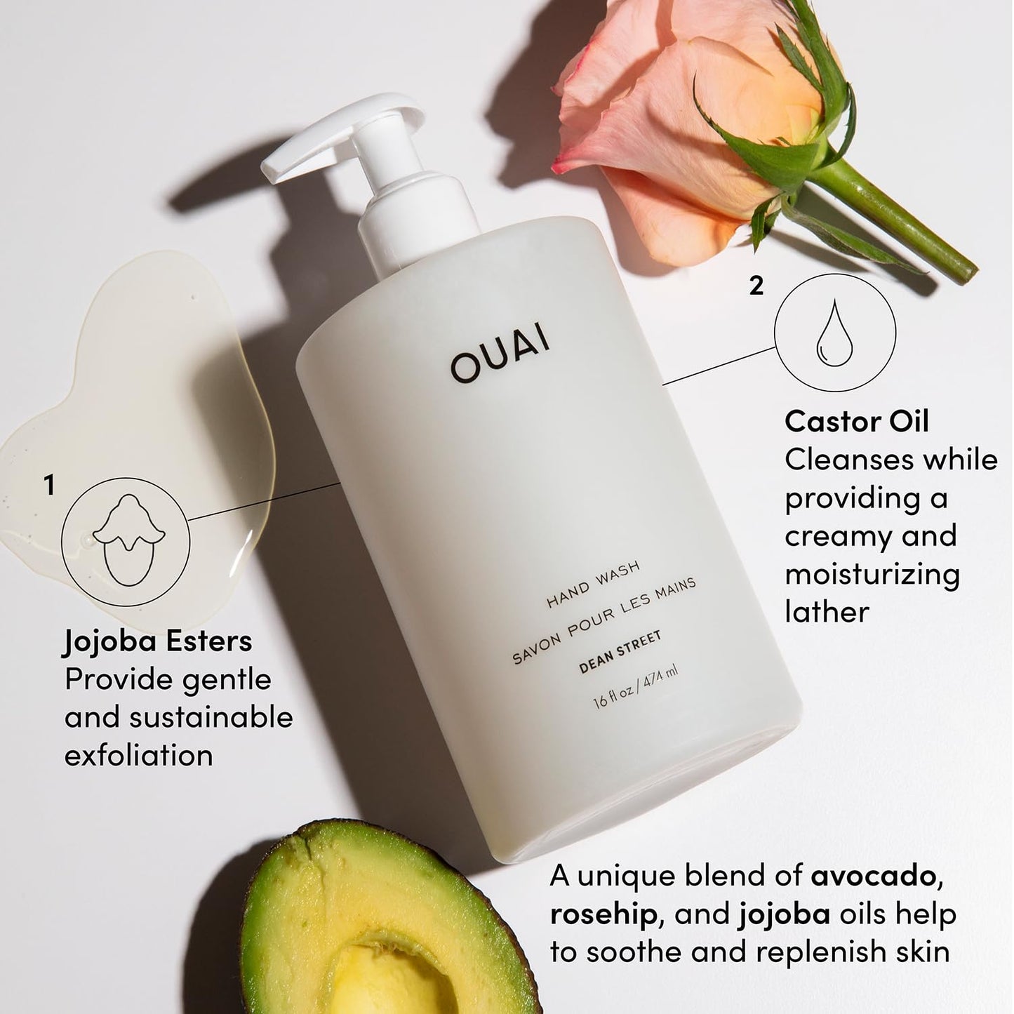 OUAI Hand Wash and Hand Lotion Set, Dean Street Scent - Moisturizes and Exfoliates with Daily Use - Made with Jojoba Esters, Avocado & Rosehip Oils (16 Fl Oz Each) - Maple Wellness Supplements