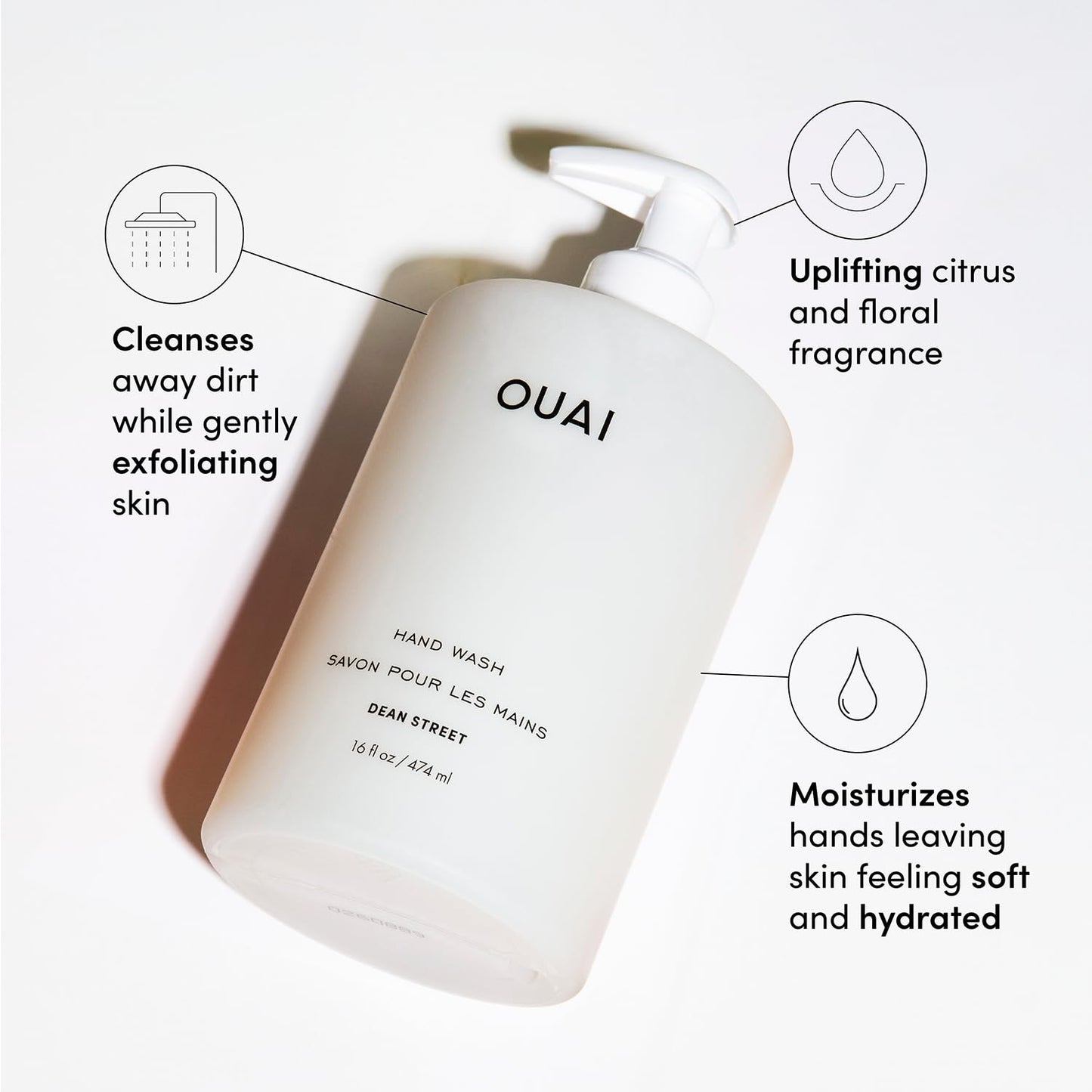 OUAI Hand Wash, Dean Street - Liquid Hand Soap with Jojoba, Avocado, & Rose Hip Oil for Replenished Skin - Gentle Exfoliating Kitchen & Bathroom Soap (16 Fl Oz) - Maple Wellness Supplements