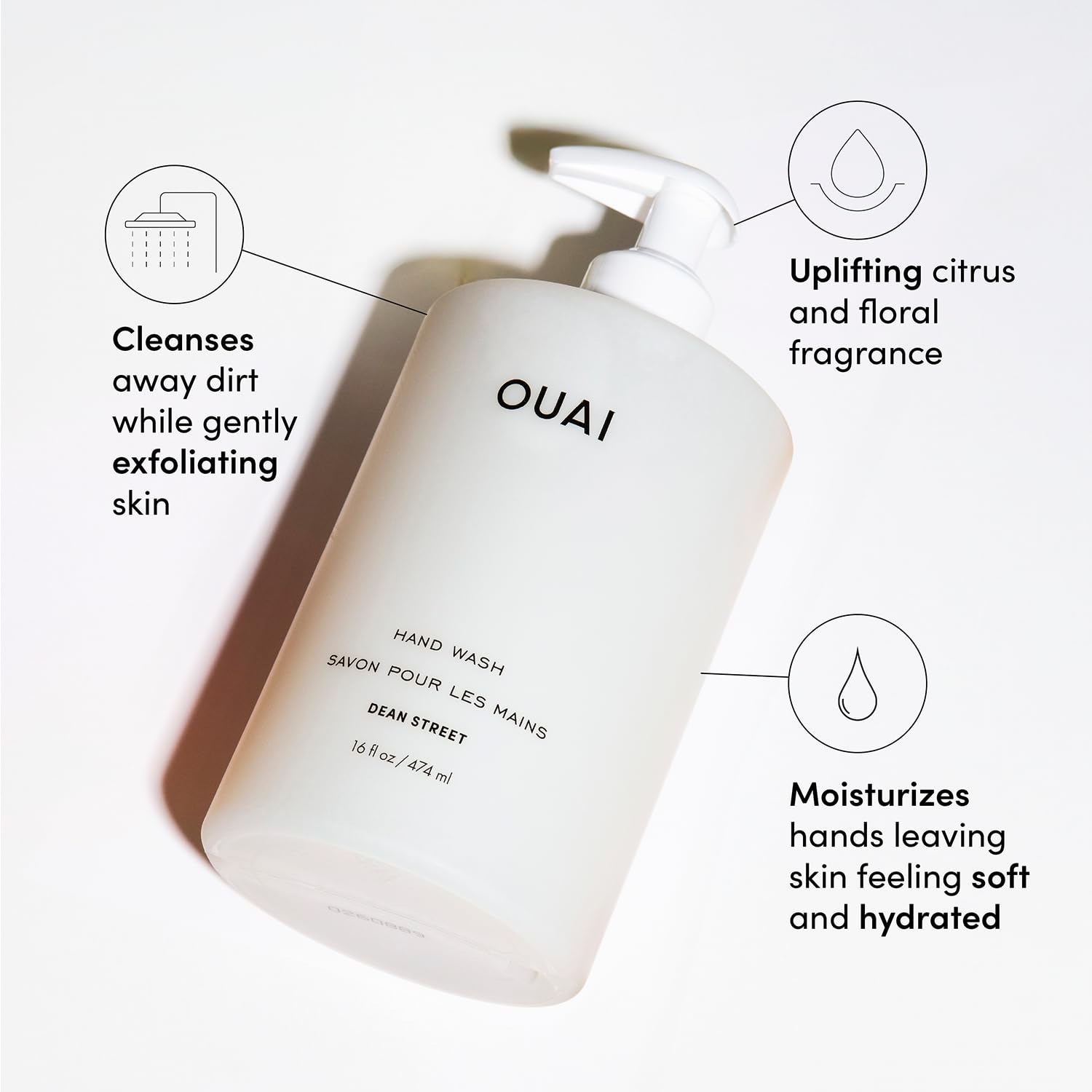 OUAI Hand Wash, Dean Street - Liquid Hand Soap with Jojoba, Avocado, & Rose Hip Oil for Replenished Skin - Gentle Exfoliating Kitchen & Bathroom Soap (16 Fl Oz) - Maple Wellness Supplements