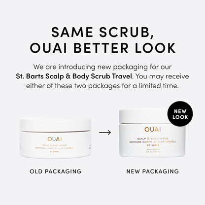 OUAI Scalp & Body Scrub, St. Barts Travel Size - Exfoliating Body Scrub with Sugar & Coconut Oil Blend for Smooth, Moisturized Skin - Gentle Scalp Exfoliator for Removing Product Build Up (3.4 oz) - Maple Wellness Supplements