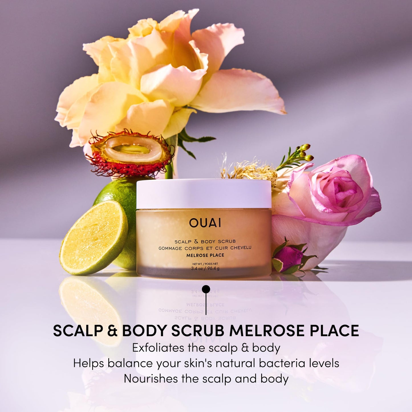 OUAI Scalp & Body Scrub Travel Size, Melrose Place - Exfoliating Body Scrub with Sugar & Coconut Oil Blend for Smooth, Moisturized Skin - Gentle for Removing Product Build Up (3.4 Oz) - Maple Wellness Supplements