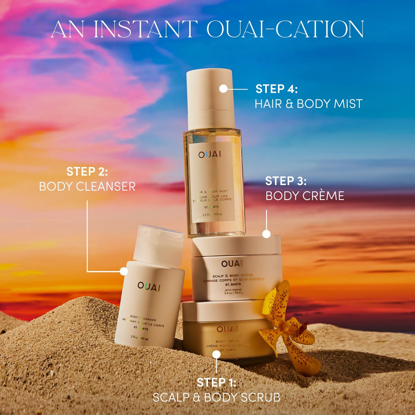 OUAI St. Barts Travel Bundle - Includes Travel Size Scalp & Body Scrub, Foaming Shower Gel, Hydrating Cream, and Hair & Body Mist (4 Count, 3.4 Oz/3.4 Oz/3 Oz/3.3 Oz) - Maple Wellness Supplements