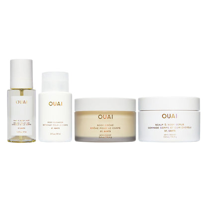 OUAI St. Barts Travel Bundle - Includes Travel Size Scalp & Body Scrub, Foaming Shower Gel, Hydrating Cream, and Hair & Body Mist (4 Count, 3.4 Oz/3.4 Oz/3 Oz/3.3 Oz) - Maple Wellness Supplements
