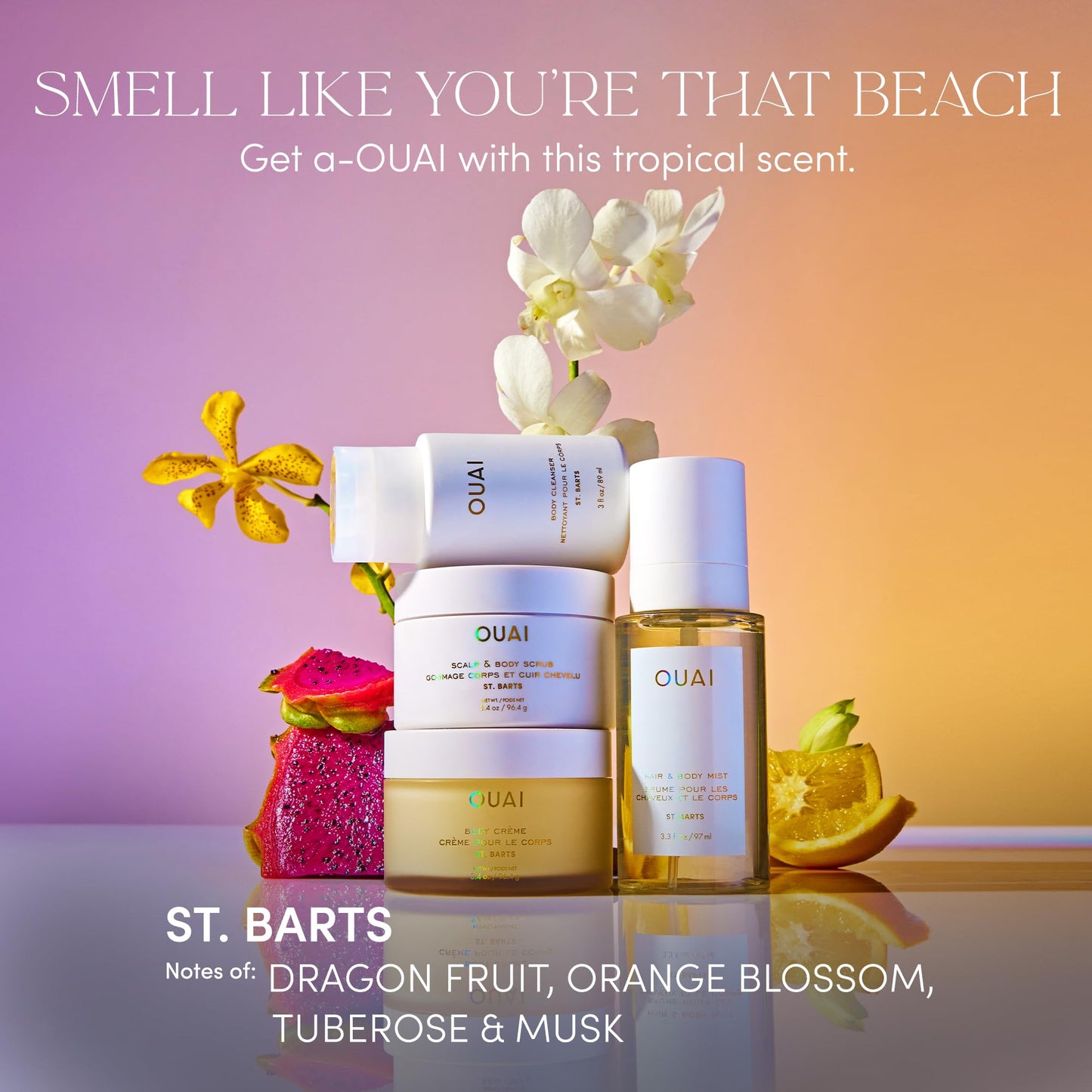 OUAI St. Barts Travel Bundle - Includes Travel Size Scalp & Body Scrub, Foaming Shower Gel, Hydrating Cream, and Hair & Body Mist (4 Count, 3.4 Oz/3.4 Oz/3 Oz/3.3 Oz) - Maple Wellness Supplements