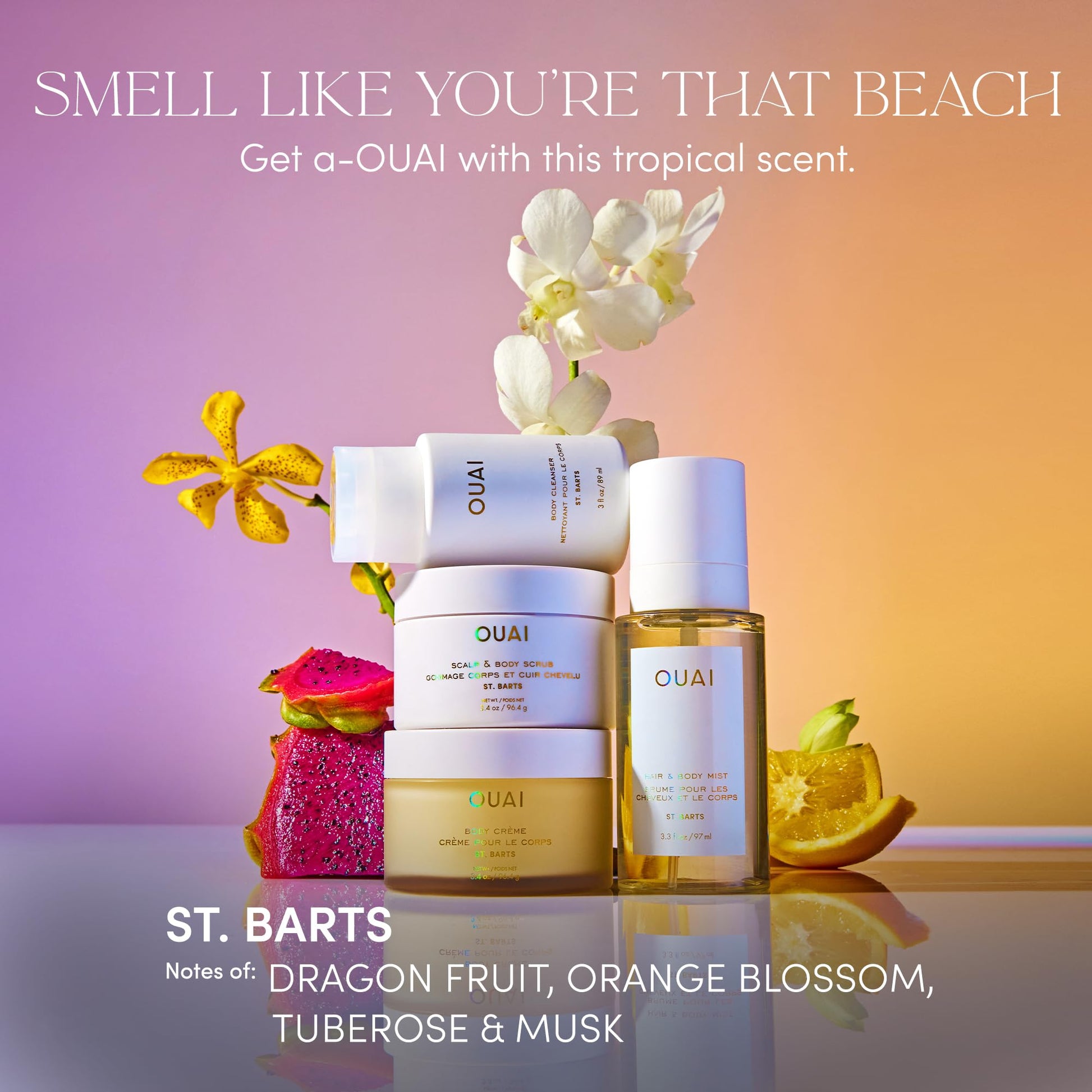 OUAI St. Barts Travel Bundle - Includes Travel Size Scalp & Body Scrub, Foaming Shower Gel, Hydrating Cream, and Hair & Body Mist (4 Count, 3.4 Oz/3.4 Oz/3 Oz/3.3 Oz) - Maple Wellness Supplements