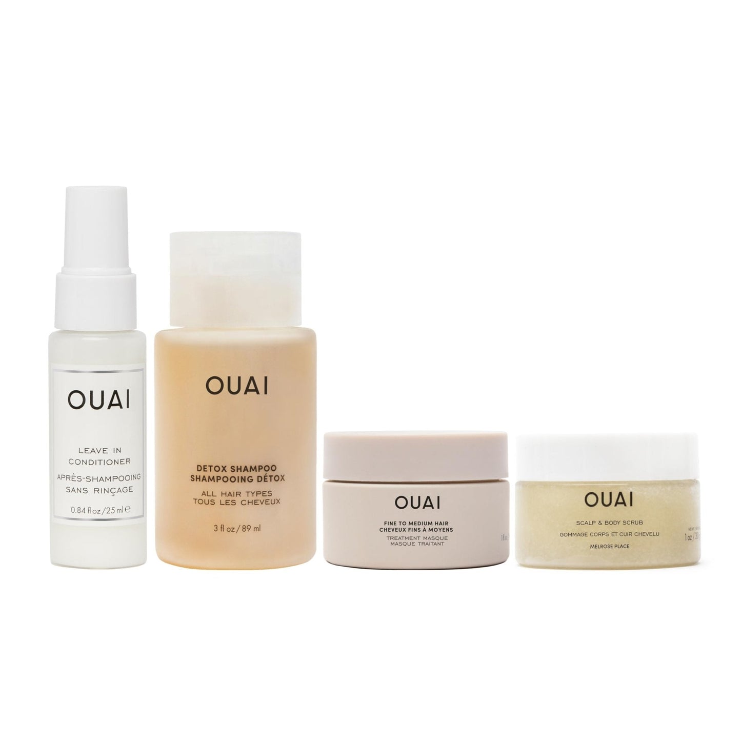 OUAI Travel Kit - Includes Travel Size Leave In Conditioner, Detox Shampoo, Fine to Medium Hair Mask, Scalp & Body Scrub (4 Count) - Maple Wellness Supplements