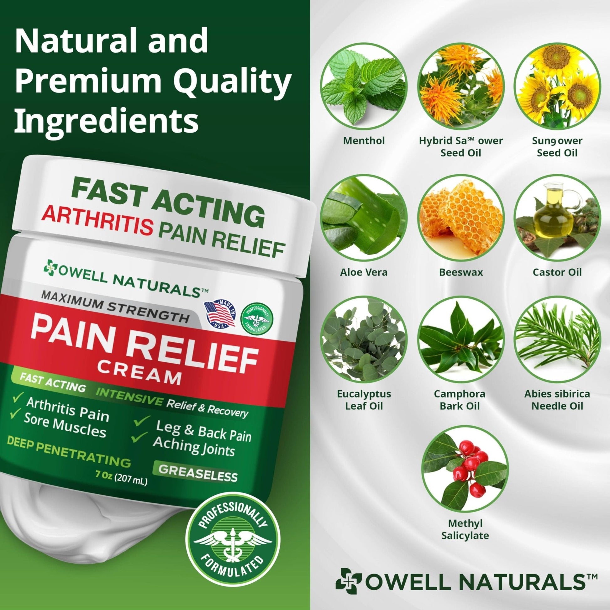 Owell Naturals Deep Penetrating Pain Relief Cream, Maximum Strength Formula for Joints & Muscles, Lower Back, Knees, Hands, Legs, Ankle – Fast Acting Comfort, 7 oz - Maple Wellness Supplements