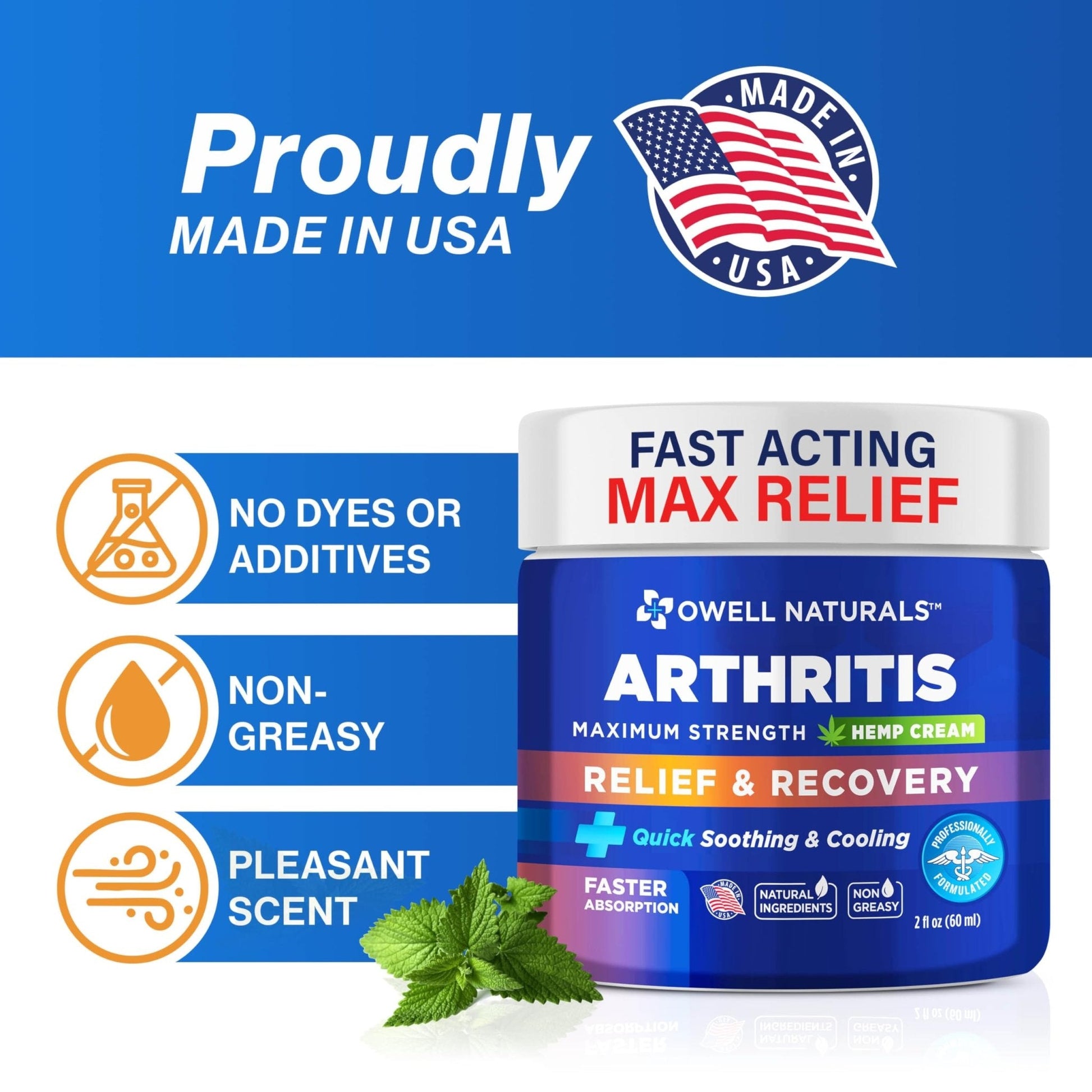 OWELL NATURALS Joint & Muscle Ream, Maximum Strength Relief & Recovery for Back, Neck, Feet with Aloe Vera, Vitamin B6 MSM, 2 Oz, (2 Pack) - Maple Wellness Supplements