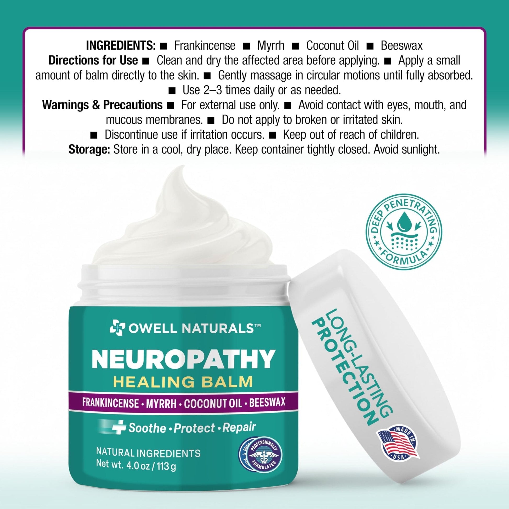 Owell Naturals Neuropathy Balm for Feet, Muscles & Joints – Long Lasting Comfort Formula with Frankincense, Myrrh, Coconut Oil, Beeswax – Fast Absorbing Botanical Skin Care, 2 oz - Maple Wellness Supplements