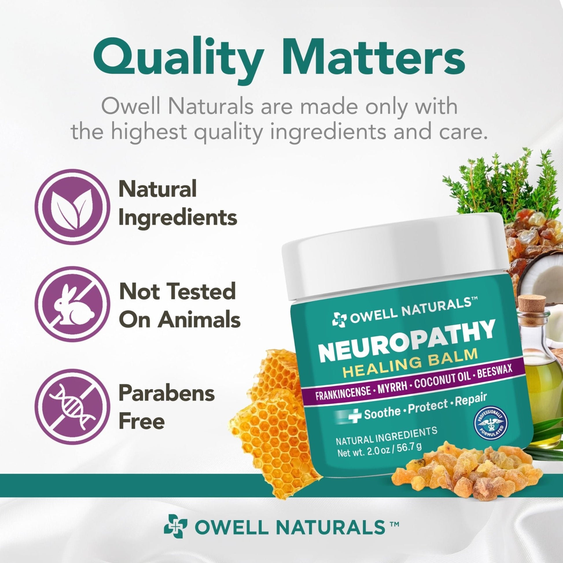 Owell Naturals Neuropathy Balm for Feet, Muscles & Joints – Long Lasting Comfort Formula with Frankincense, Myrrh, Coconut Oil, Beeswax – Fast Absorbing Botanical Skin Care, 2 oz - Maple Wellness Supplements