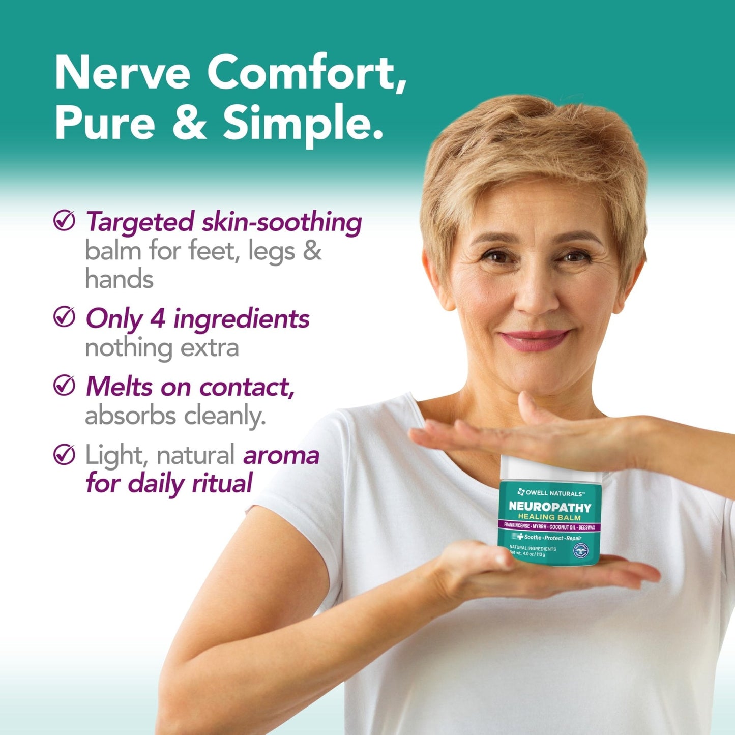OWELL NATURALS Neuropathy Healing Balm, Fast Acting, with Frankincense, Myrrh, Coconut Oil & Beeswax, Natural Ingredients – Soothe, Protect & Repair, 4 oz (Pack of 1) - Maple Wellness Supplements
