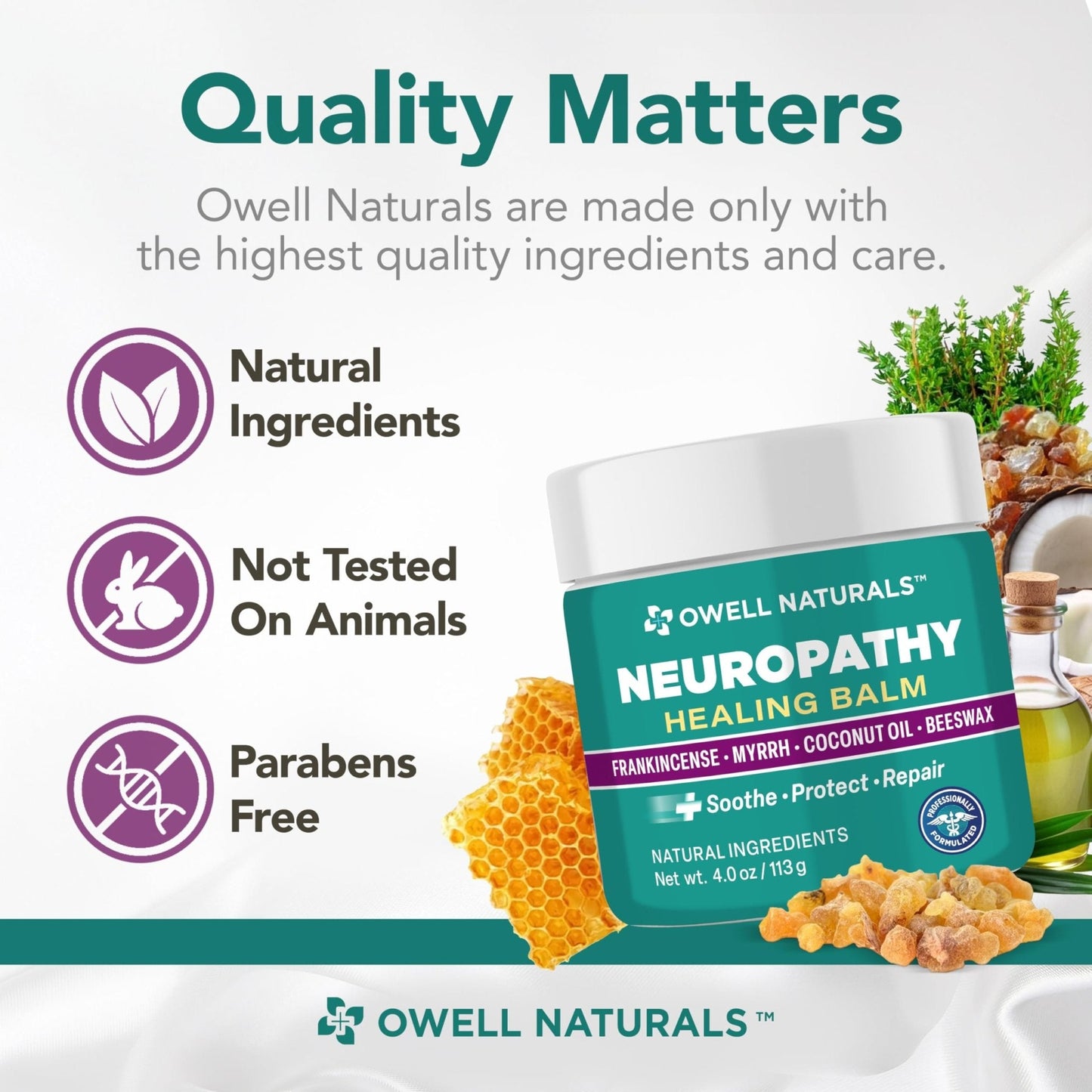 OWELL NATURALS Neuropathy Healing Balm, Fast Acting, with Frankincense, Myrrh, Coconut Oil & Beeswax, Natural Ingredients – Soothe, Protect & Repair, 4 oz (Pack of 1) - Maple Wellness Supplements