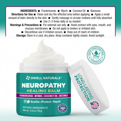 OWELL NATURALS Neuropathy Healing Balm, Fast Acting, with Frankincense, Myrrh, Coconut Oil & Beeswax, Natural Ingredients – Soothe, Protect & Repair, 4 oz (Pack of 1) - Maple Wellness Supplements