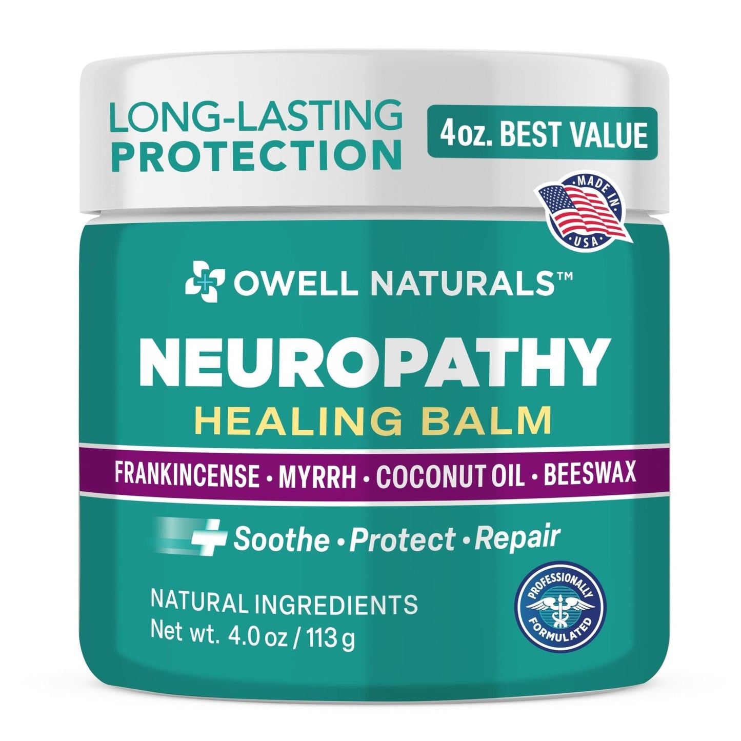 OWELL NATURALS Neuropathy Healing Balm, Fast Acting, with Frankincense, Myrrh, Coconut Oil & Beeswax, Natural Ingredients – Soothe, Protect & Repair, 4 oz (Pack of 1) - Maple Wellness Supplements