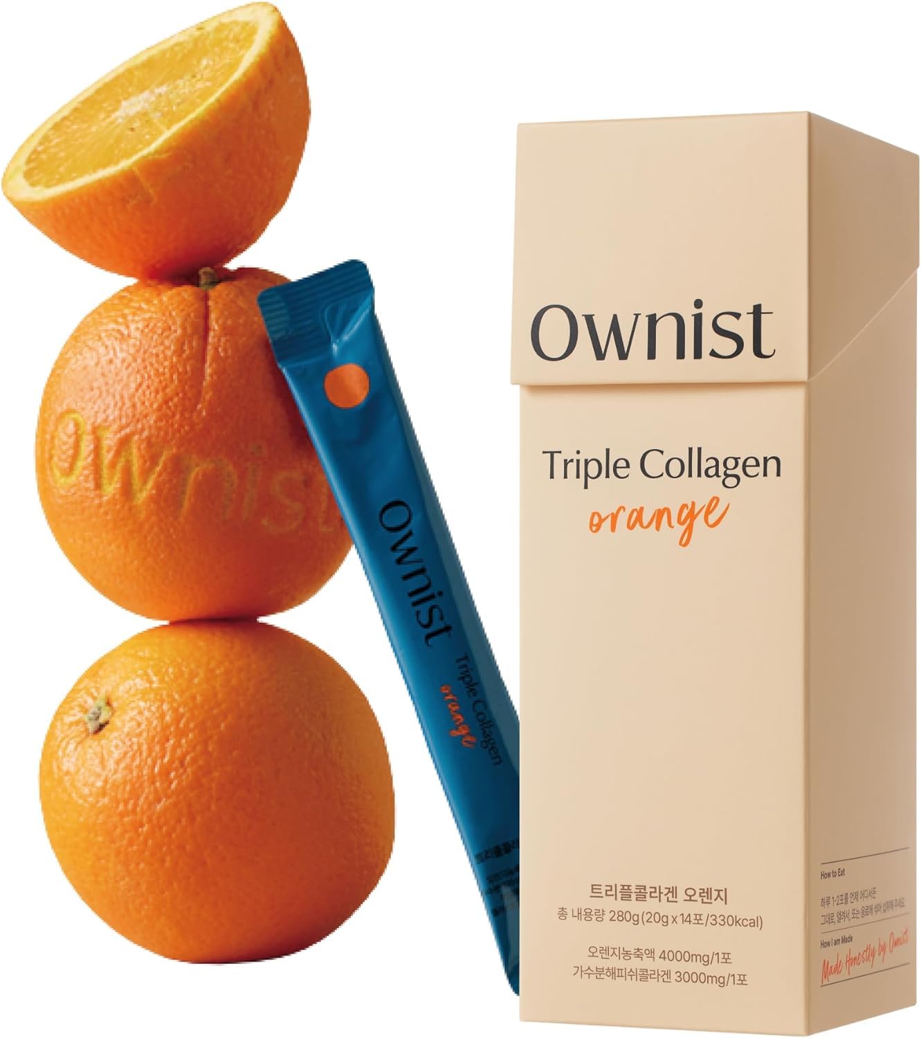 Ownist Triple Collagen Liquid Packets On-The-Go - Peptides with Hydrolyzed Marine Collagen, Elastin, Hyaluronic Acid and Vitamin for Healthy Skin - Orange Flavor - 14 Individual Stick Packs - Maple Wellness Supplements