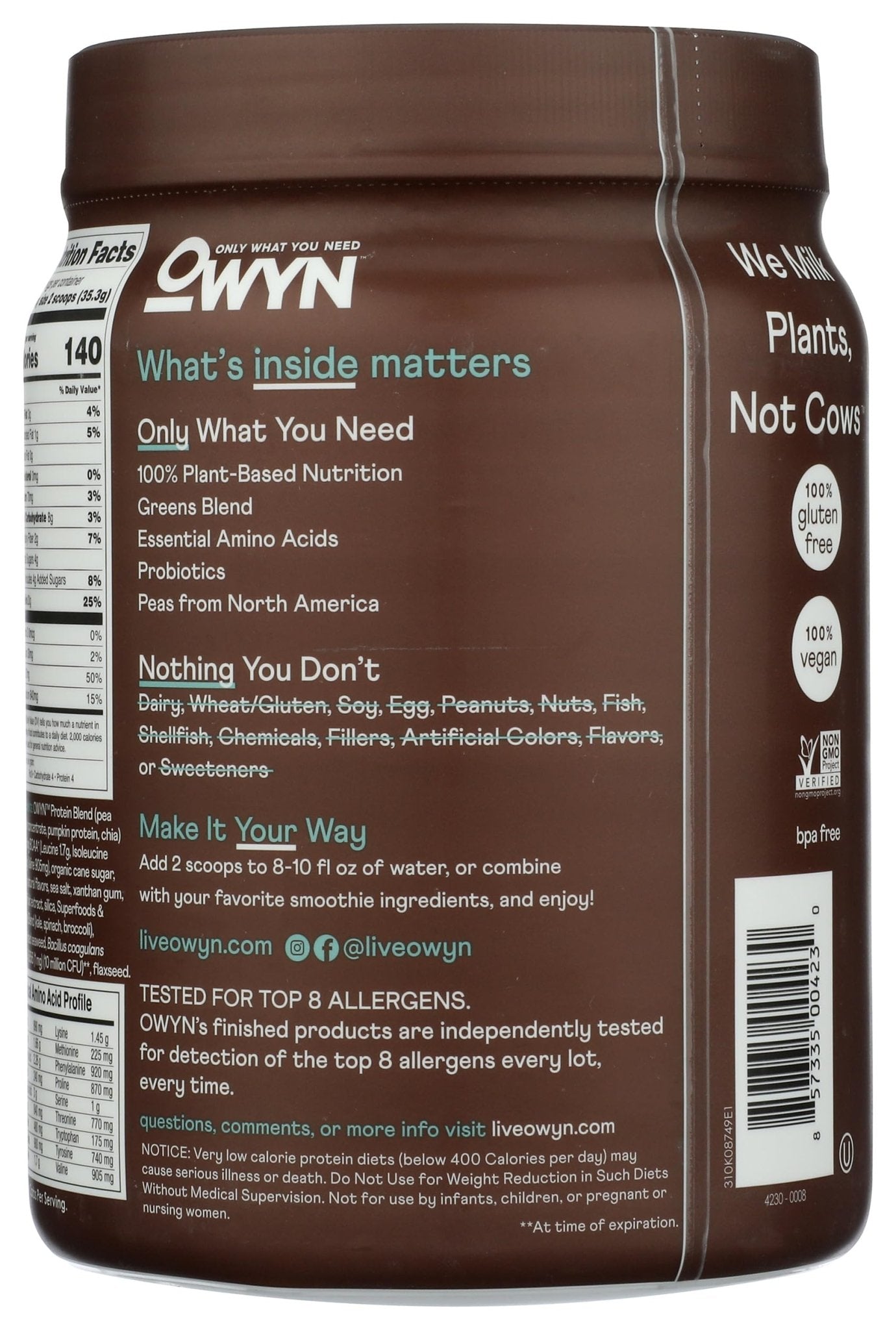 OWYN Only What You Need Plant-Based Protein Powder, Dark Chocolate, 1.17 lbs - Maple Wellness Supplements