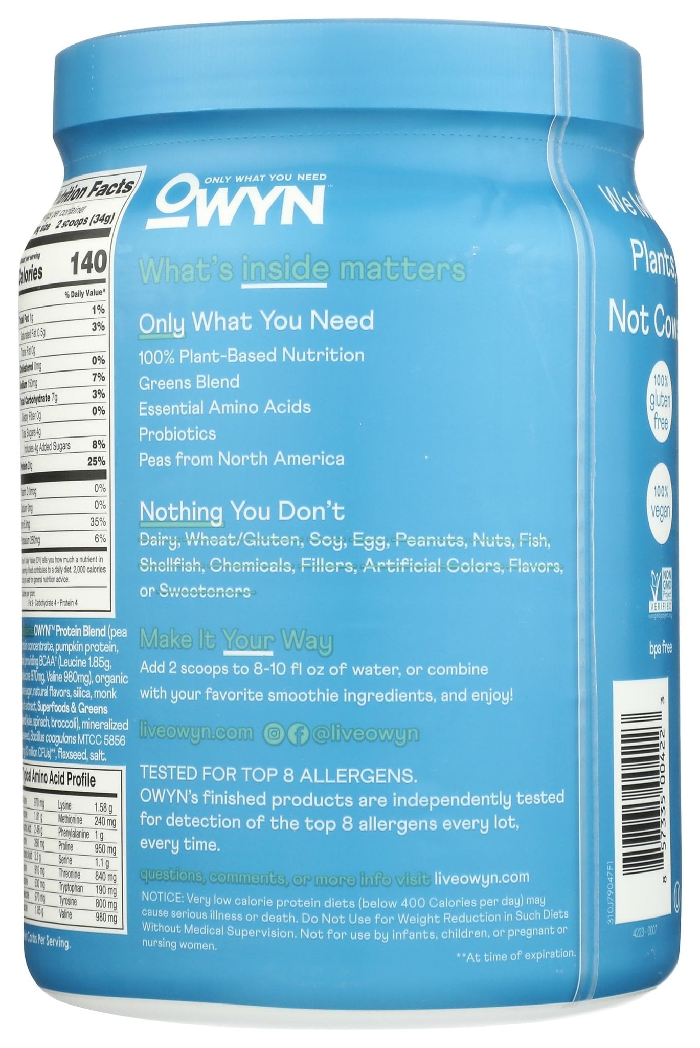 OWYN Only What You Need Plant-Based Protein Powder, Smooth Vanilla, 1.05 lbs - Maple Wellness Supplements