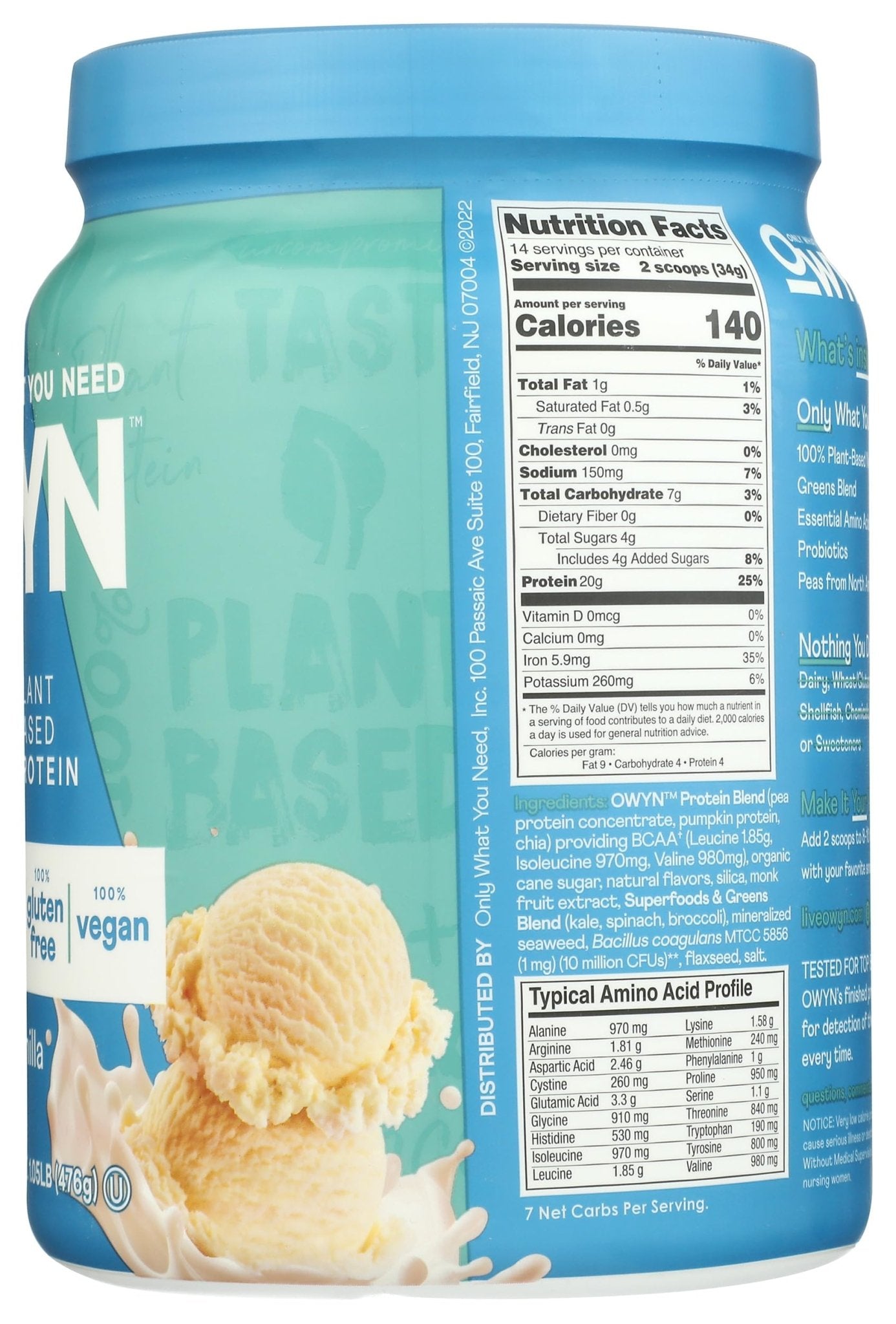 OWYN Only What You Need Plant-Based Protein Powder, Smooth Vanilla, 1.05 lbs - Maple Wellness Supplements