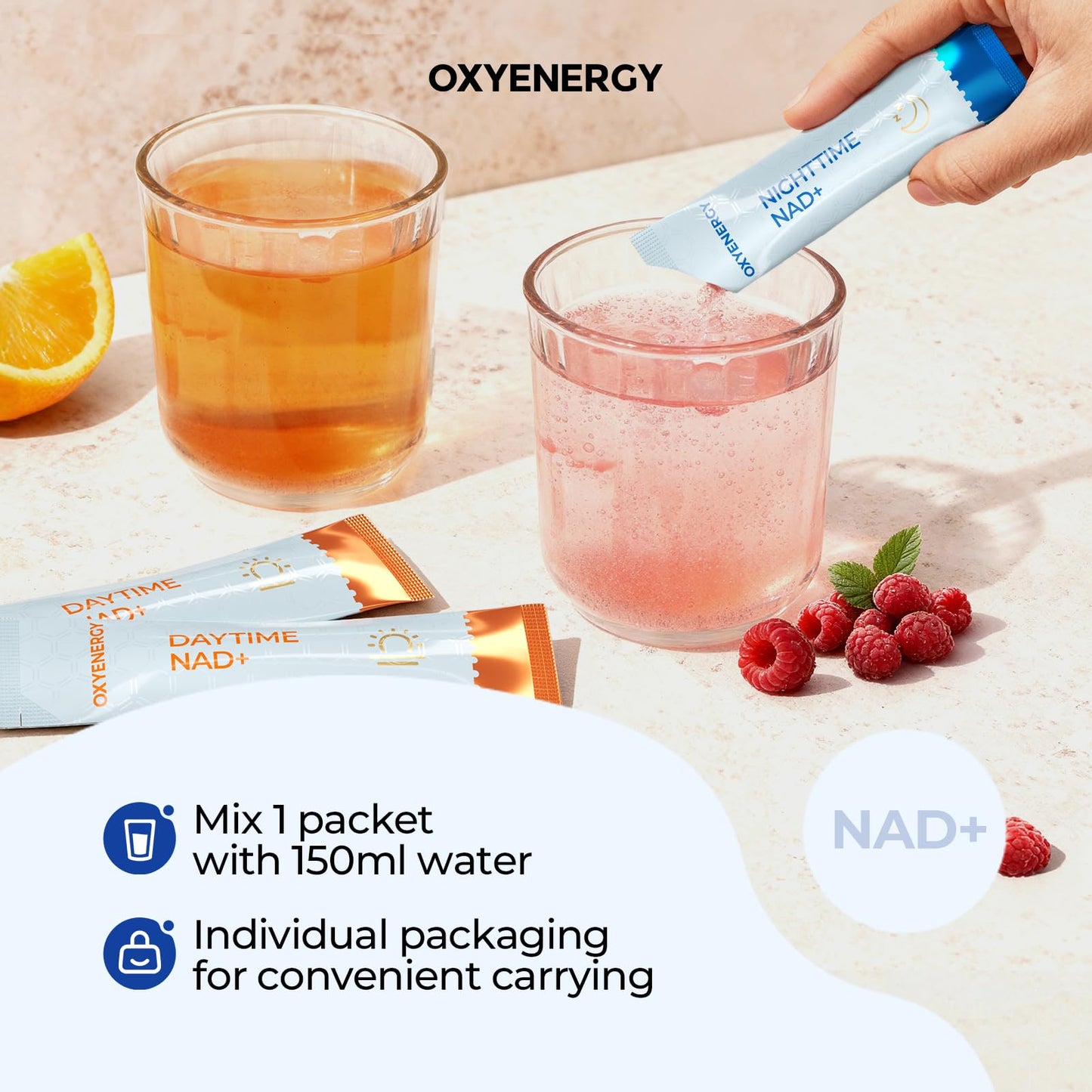 OxyEnergy NAD Supplement 1550 mg-Daytime Nicotinamide Riboside + Nighttime L-Tryptophan with Resveratrol, Glutathione, PQQ, 24-Hour Nonstop Energy, Anti-Aging & Cellular Renewal, 28 Packets - Maple Wellness Supplements