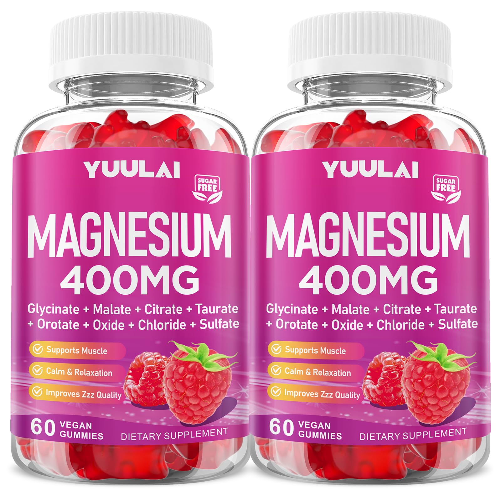 Pack of 2 Magnesium Complex Gummies 400mg, Magnesium Glycinate, Malate, Citrate, Taurate, Oxide & More | w/Ashwagandha Extract, D3 & B12 for Calm, Zzz, Relaxation, Raspberry Flavor, 120 Count - Maple Wellness Supplements