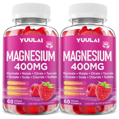 Pack of 2 Magnesium Complex Gummies 400mg, Magnesium Glycinate, Malate, Citrate, Taurate, Oxide & More | w/Ashwagandha Extract, D3 & B12 for Calm, Zzz, Relaxation, Raspberry Flavor, 120 Count - Maple Wellness Supplements