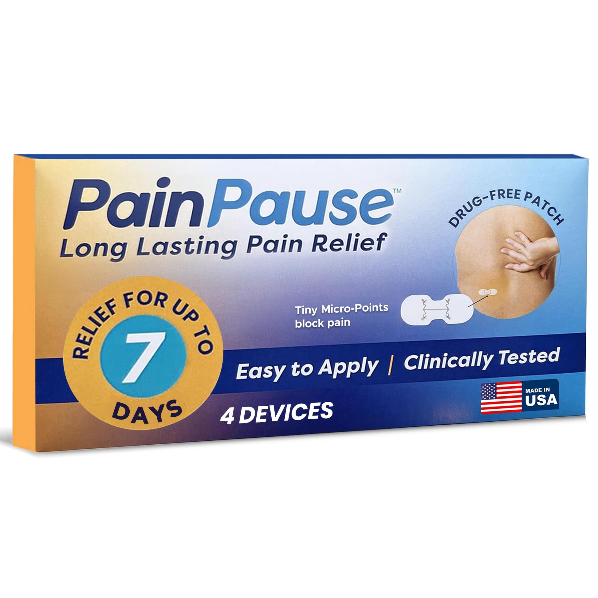 PainPause Long Lasting Pain Relief - Back, Hip, Knee, Neck, Plantar Fasciitis, and Others - Relief for Up to 7 Days, Clinically Tested, 4 Devices in 2 Pouches - Maple Wellness Supplements