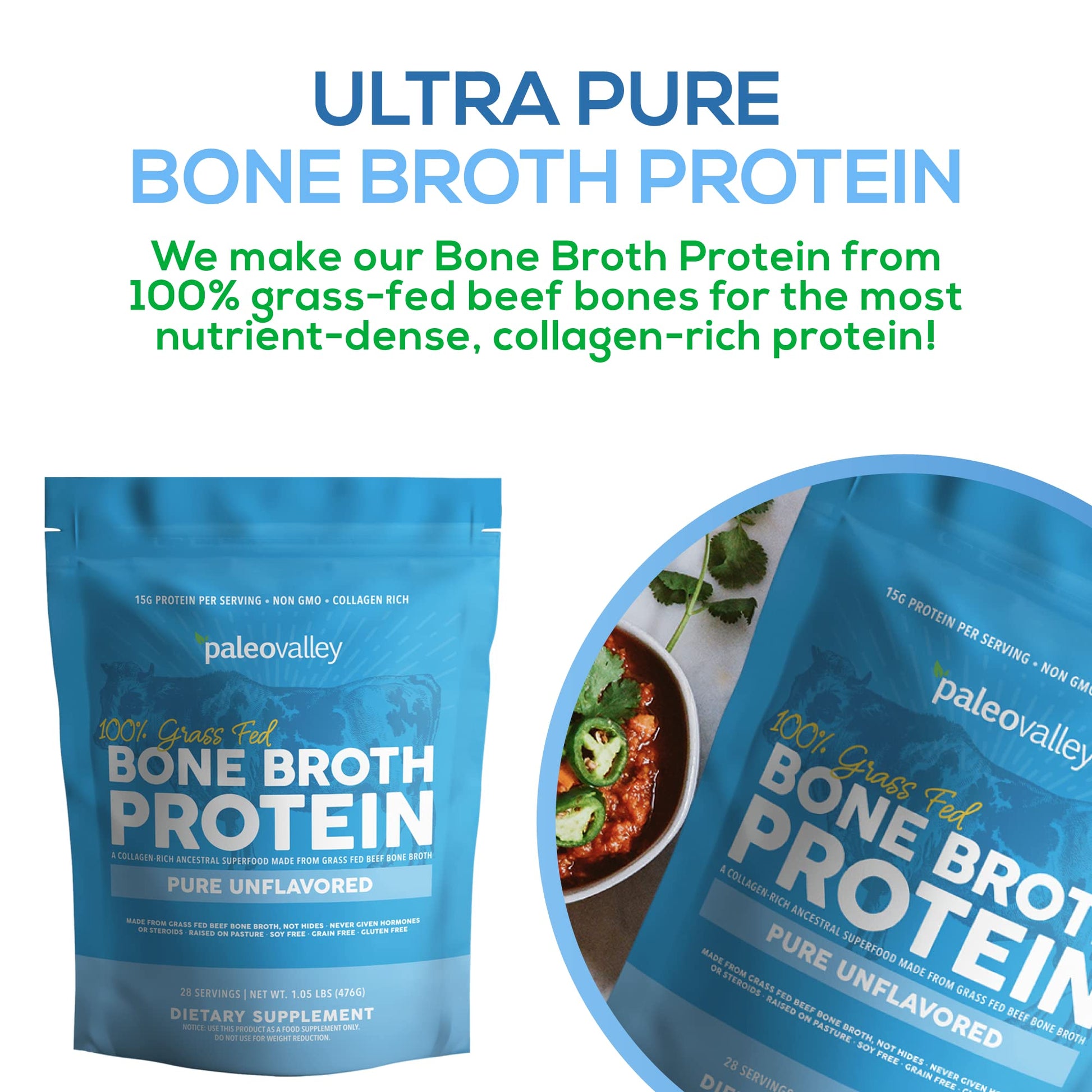 Paleovalley 100% Grass Fed Beef Bone Broth Protein Powder - Rich in Collagen Peptides - Maple Wellness Supplements