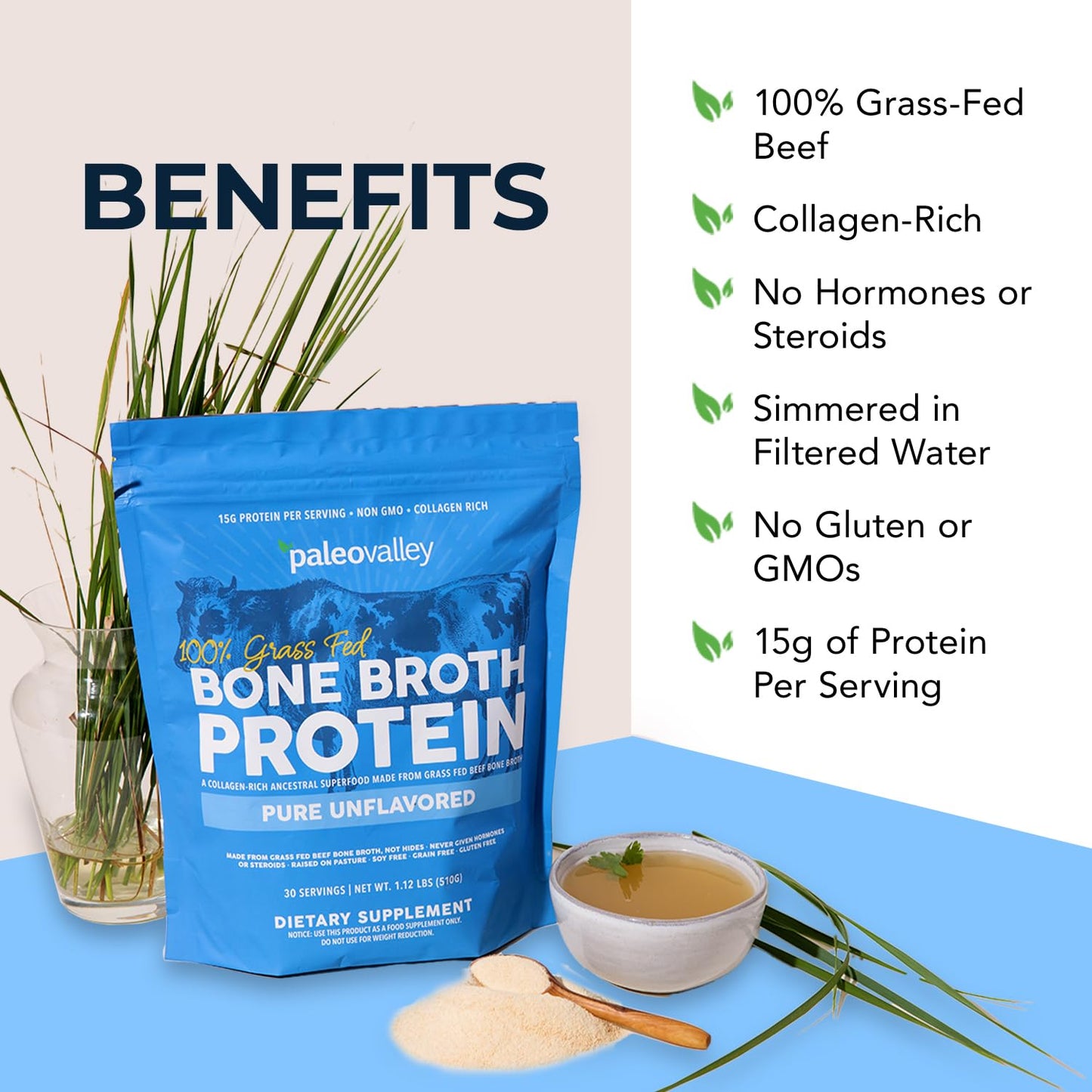 Paleovalley 100% Grass Fed Beef Bone Broth Protein Powder - Rich in Collagen Peptides for Hair, Skin, Gut Health, Bone and Joint Support - Maple Wellness Supplements