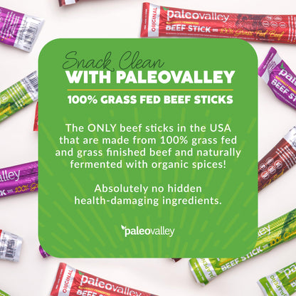 Paleovalley 100% Grass Fed Beef Sticks - Delicious Gluten Free Beef Snack - High Protein Keto Friendly, 40 Count Variety Pack - Maple Wellness Supplements