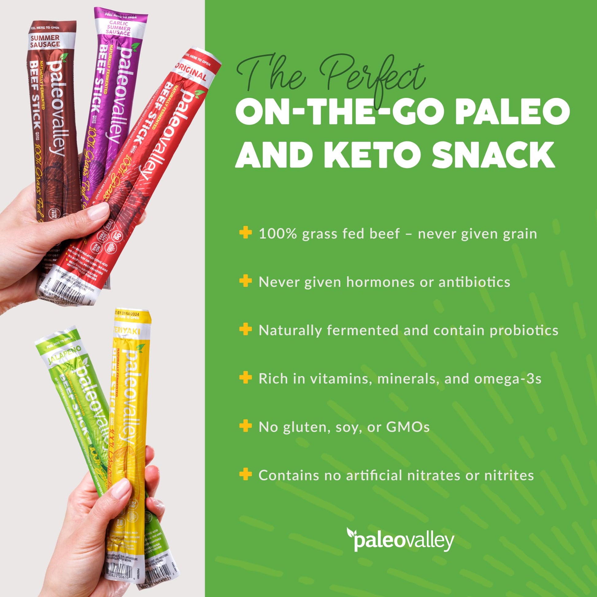 Paleovalley 100% Grass Fed Beef Sticks - Delicious Gluten Free Beef Snack - High Protein Keto Friendly, 50 Count Variety Pack - Maple Wellness Supplements