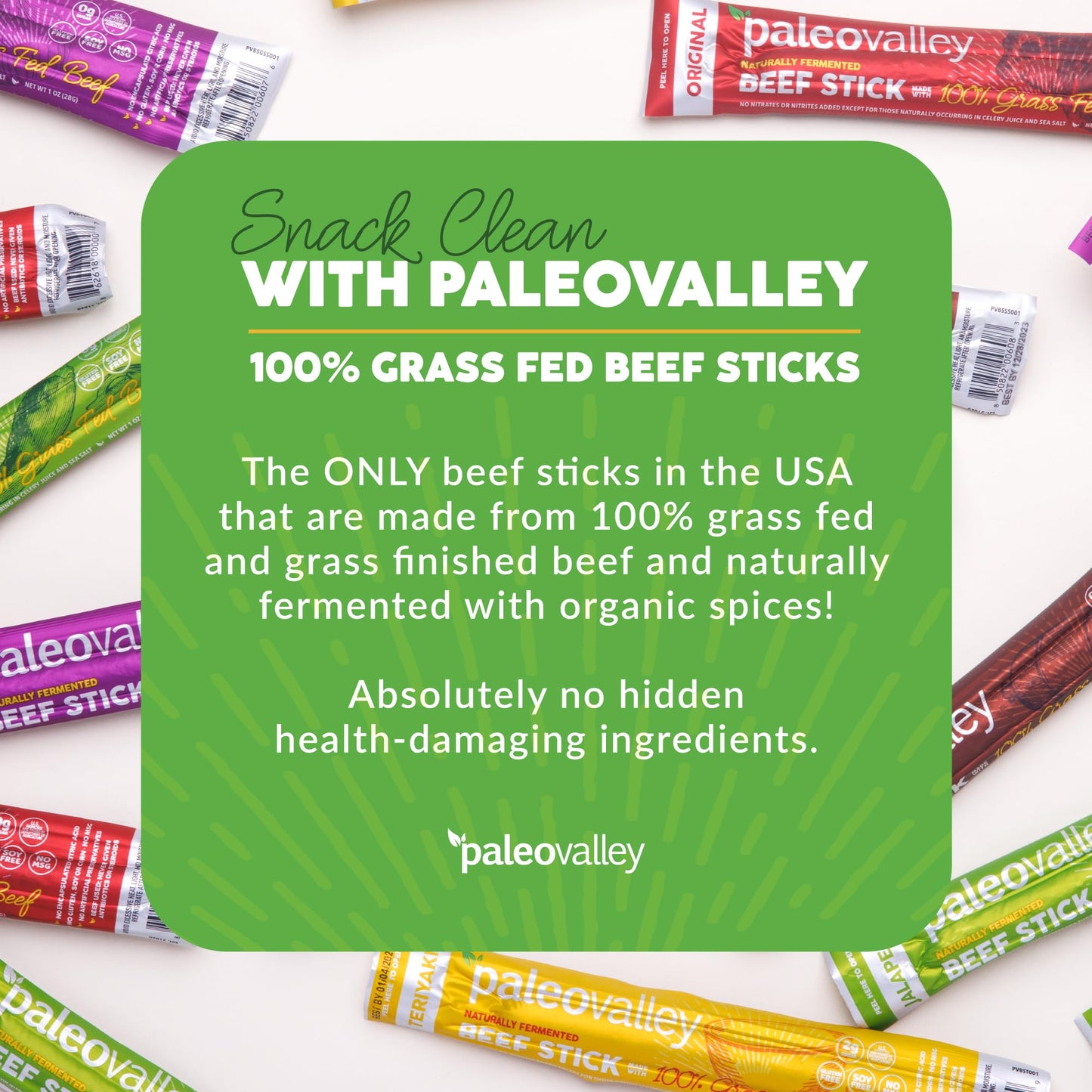 Paleovalley 100% Grass Fed Beef Sticks - Delicious Gluten Free Beef Snack - High Protein Keto Friendly, 50 Count Variety Pack - Maple Wellness Supplements